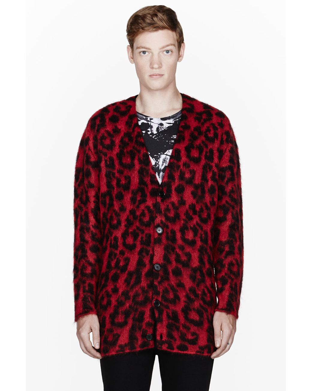 Red Leopard Print Mohair Cardigan 