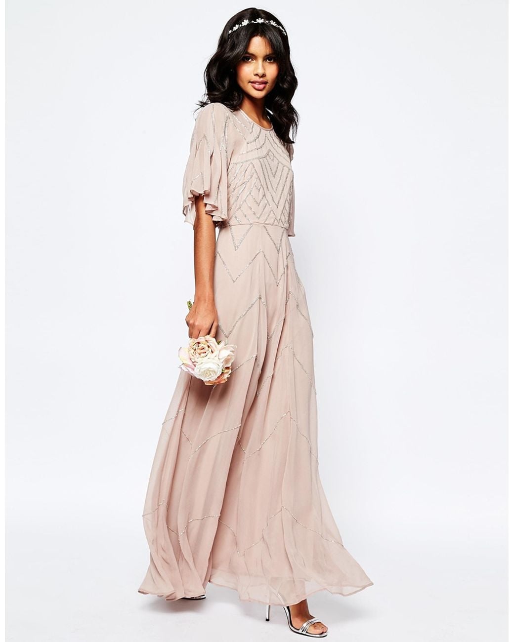 ASOS Wedding Embellished Flutter Sleeve Maxi Dress - Beige in Natural |  Lyst UK