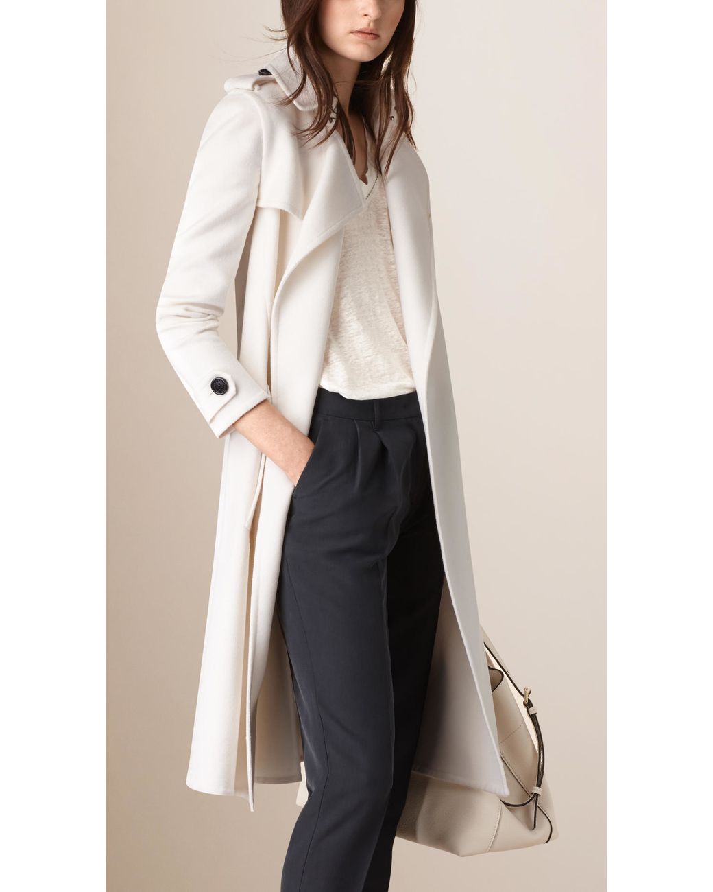 Burberry Double Cashmere Wrap Trench Coat in White | Lyst