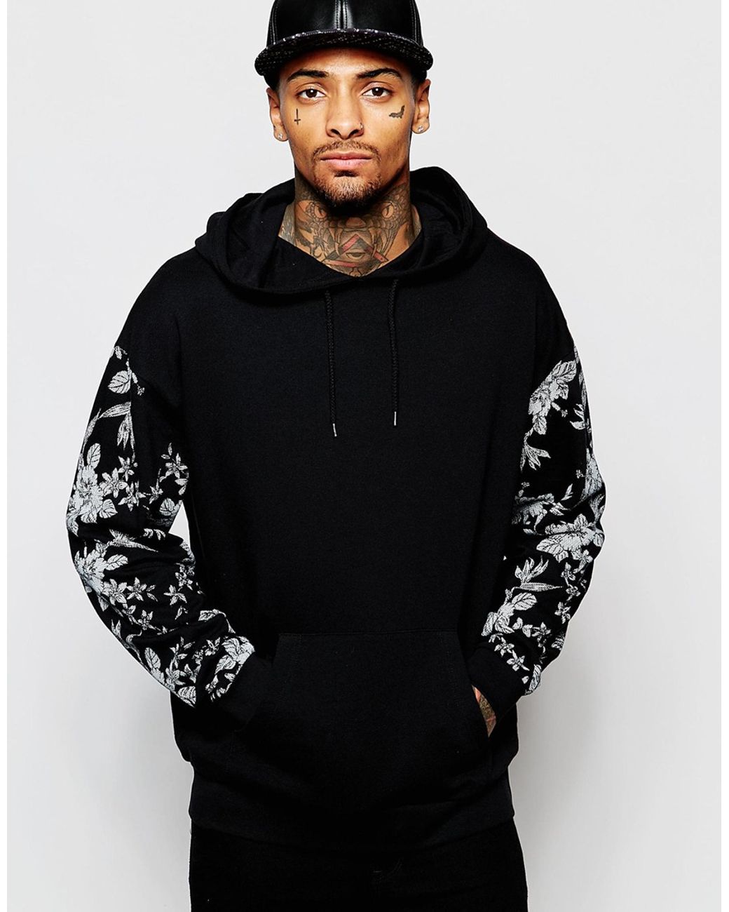 ASOS Oversized Hoodie With Floral Sleeve Print in Black for Men Lyst