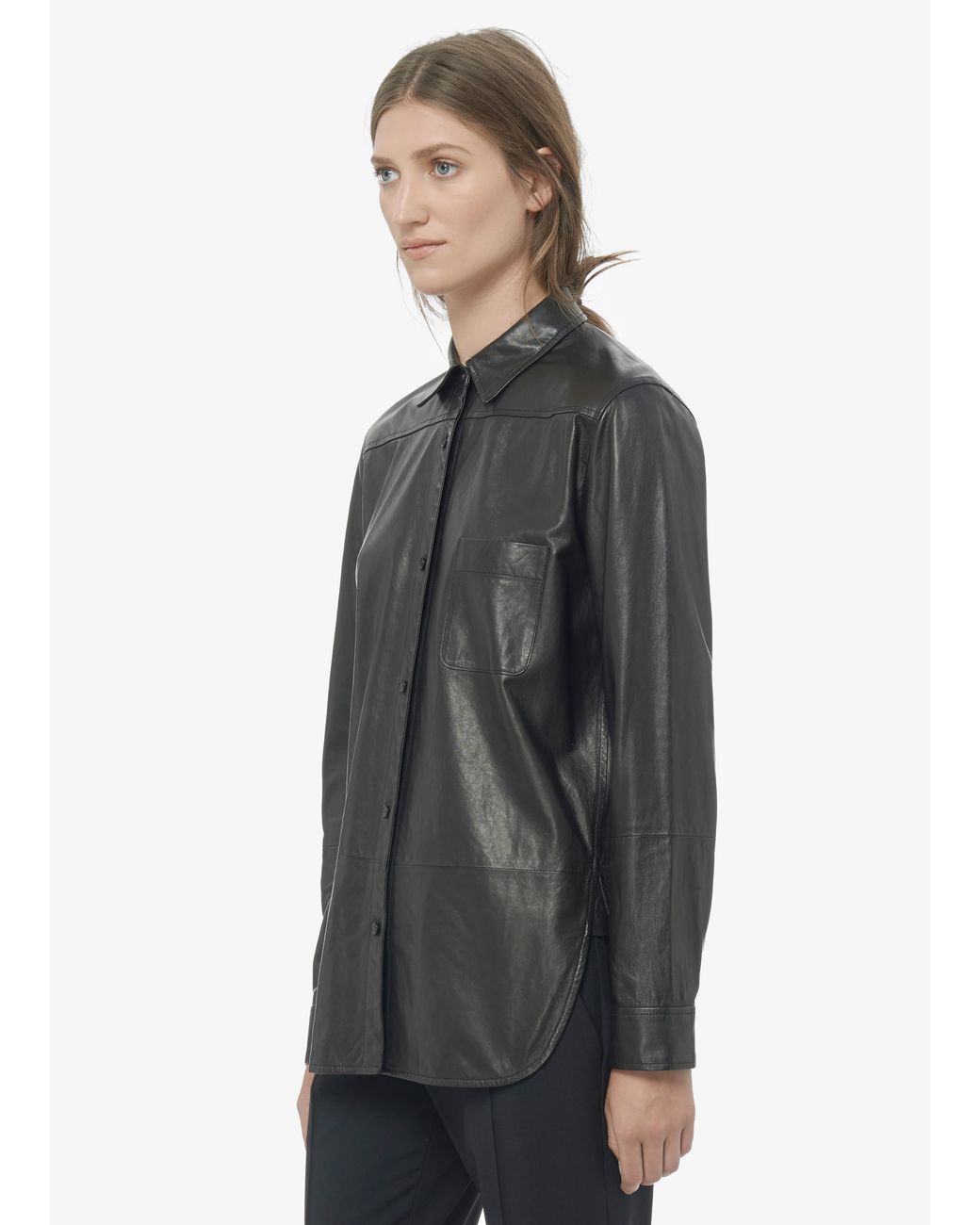 Vince Leather Button Up Shirt in Black 
