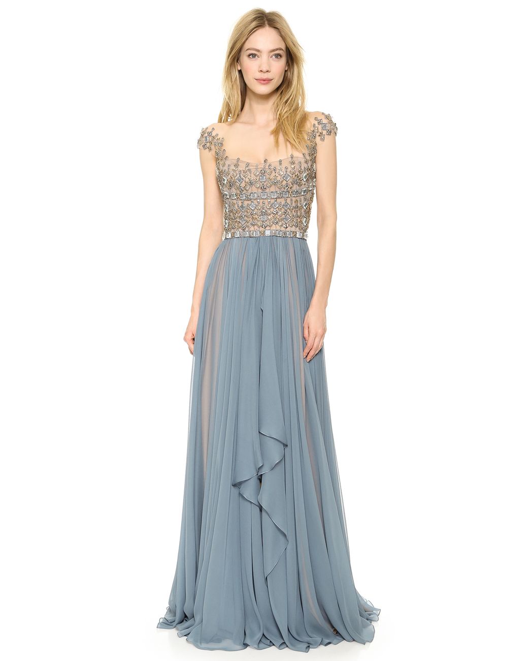 Reem Acra Embroidered Illusion Drop Shoulder Gown Blue Smoke | Lyst