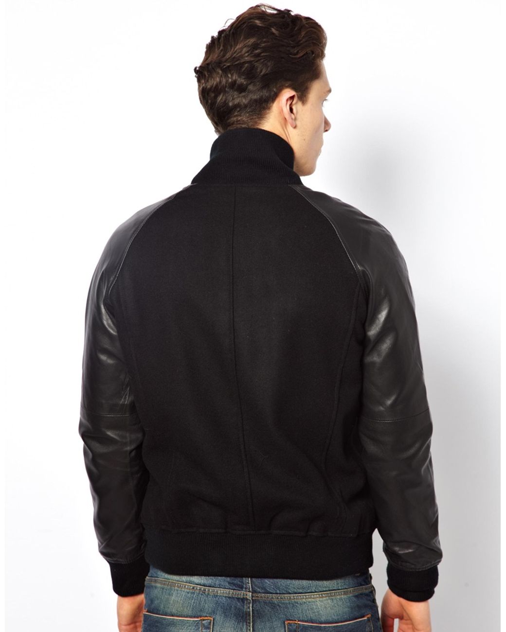 Bomber jacket leather sleeves mens cheap