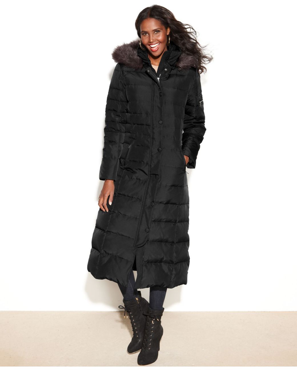 DKNY Petite Hooded FauxFurTrim Maxi Down Puffer Coat in Black Lyst