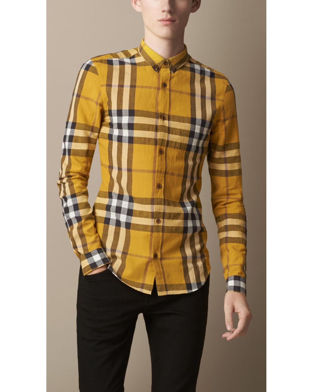 Burberry Exploded Check Cotton Linen Shirt in Yellow for | Lyst
