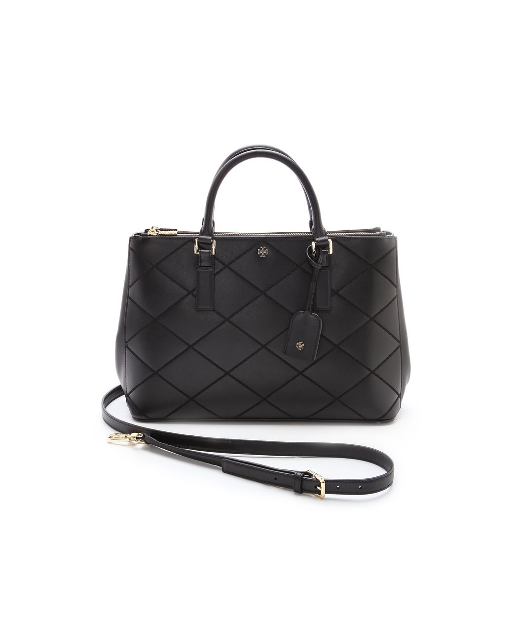 Tory Burch Robinson Double-Zip Saffiano Tote Bag, Black with Gold Hardware