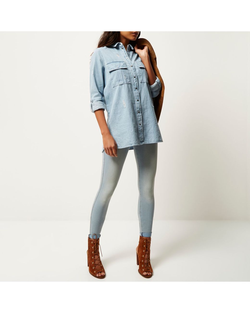 High Waisted Denim Leggings | Lyst