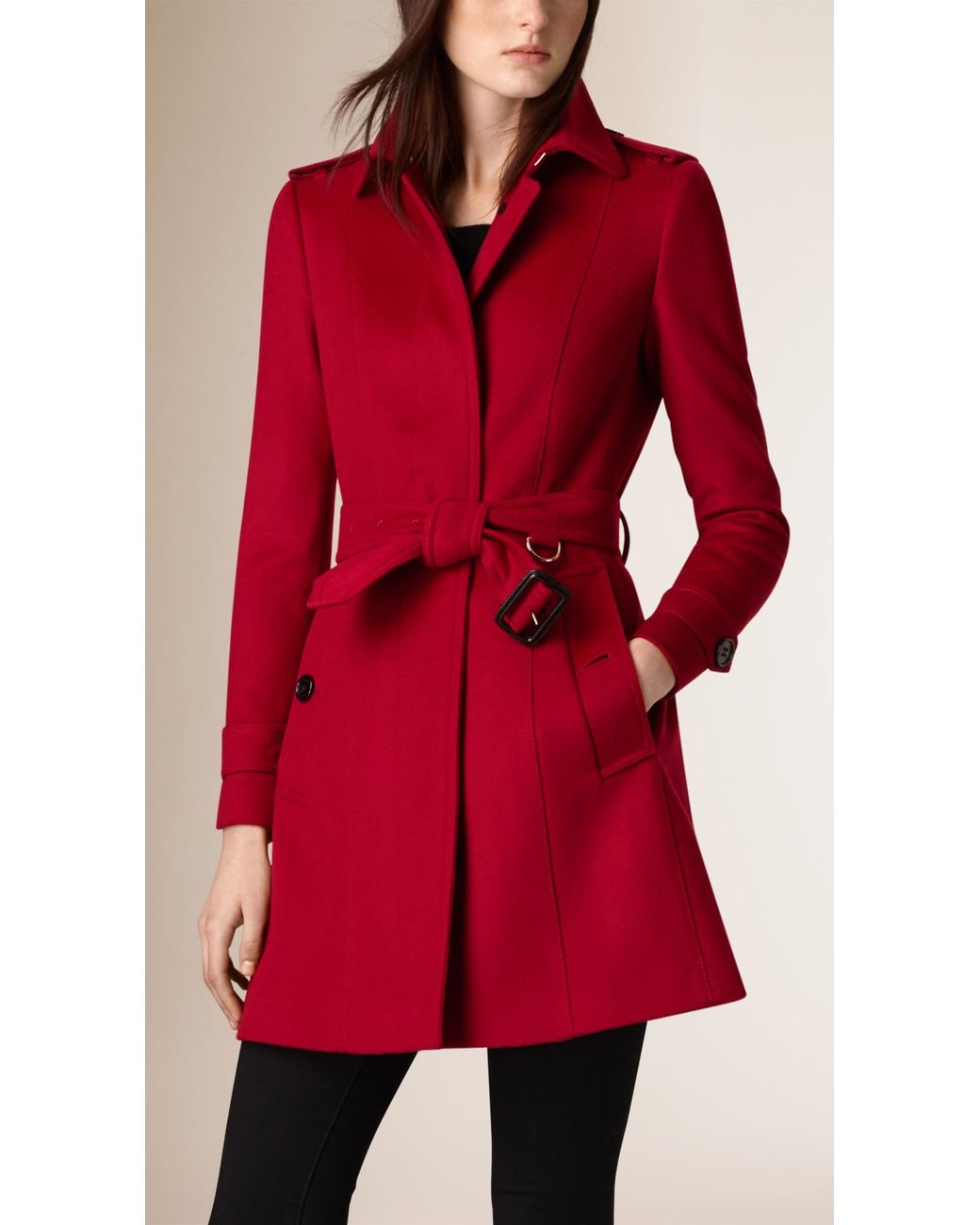 Burberry Pleat Detail Wool Cashmere Trench Coat in Red | Lyst
