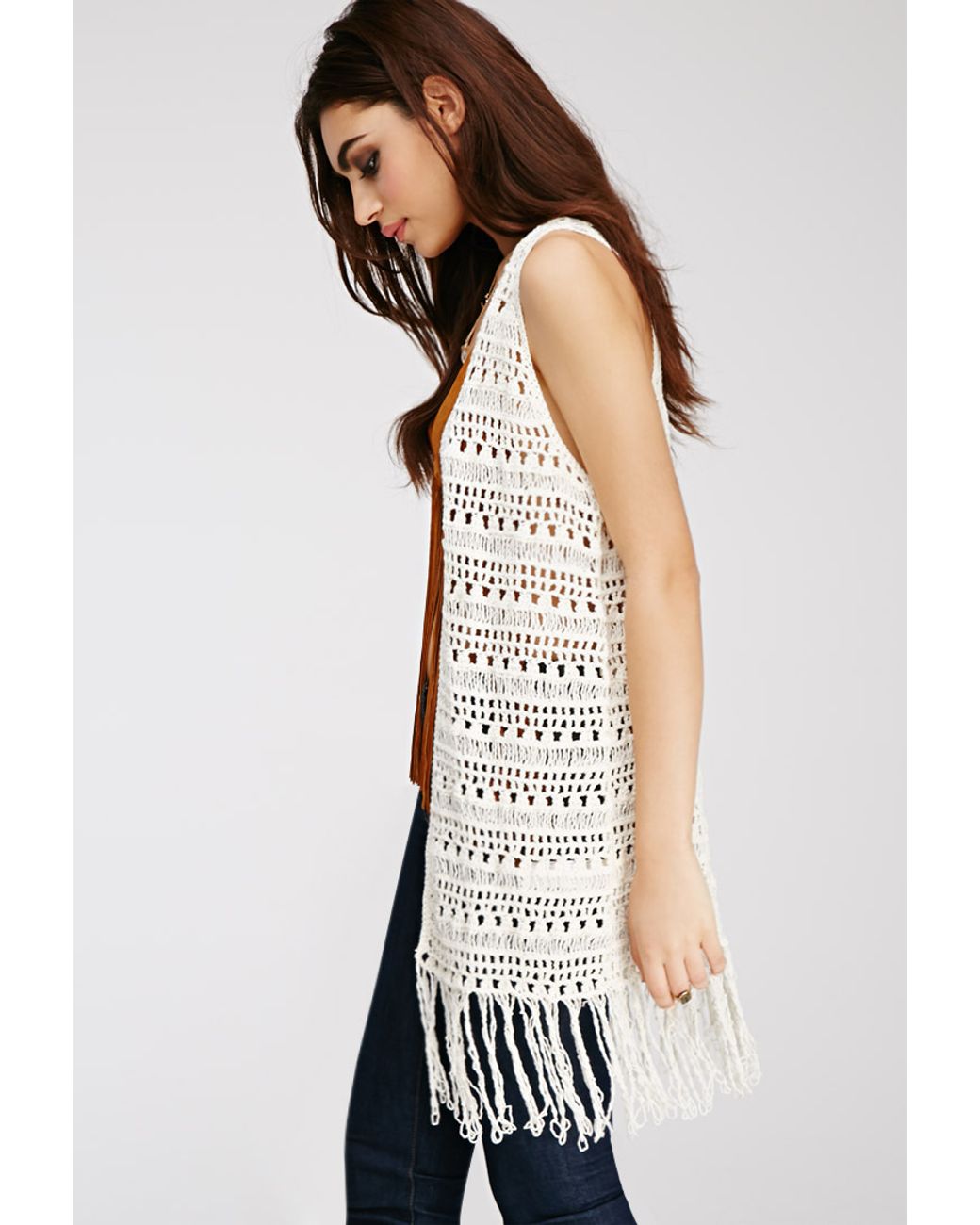 Forever 21 Denim Fringed Crochet Vest 
