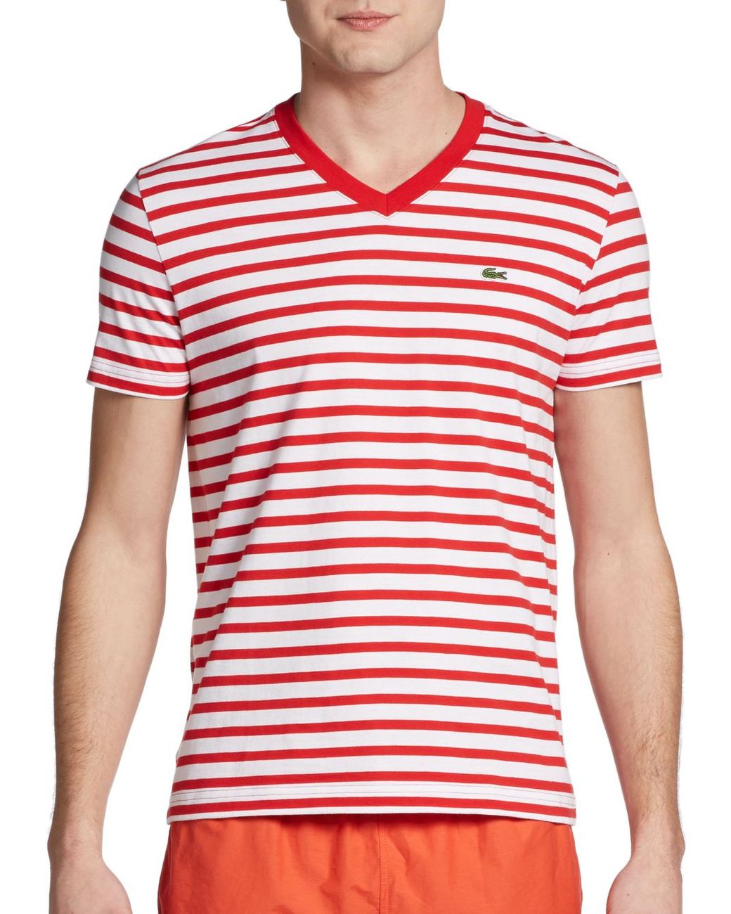 Lacoste Striped Vneck Tee in Bright Red (Red) for Men | Lyst