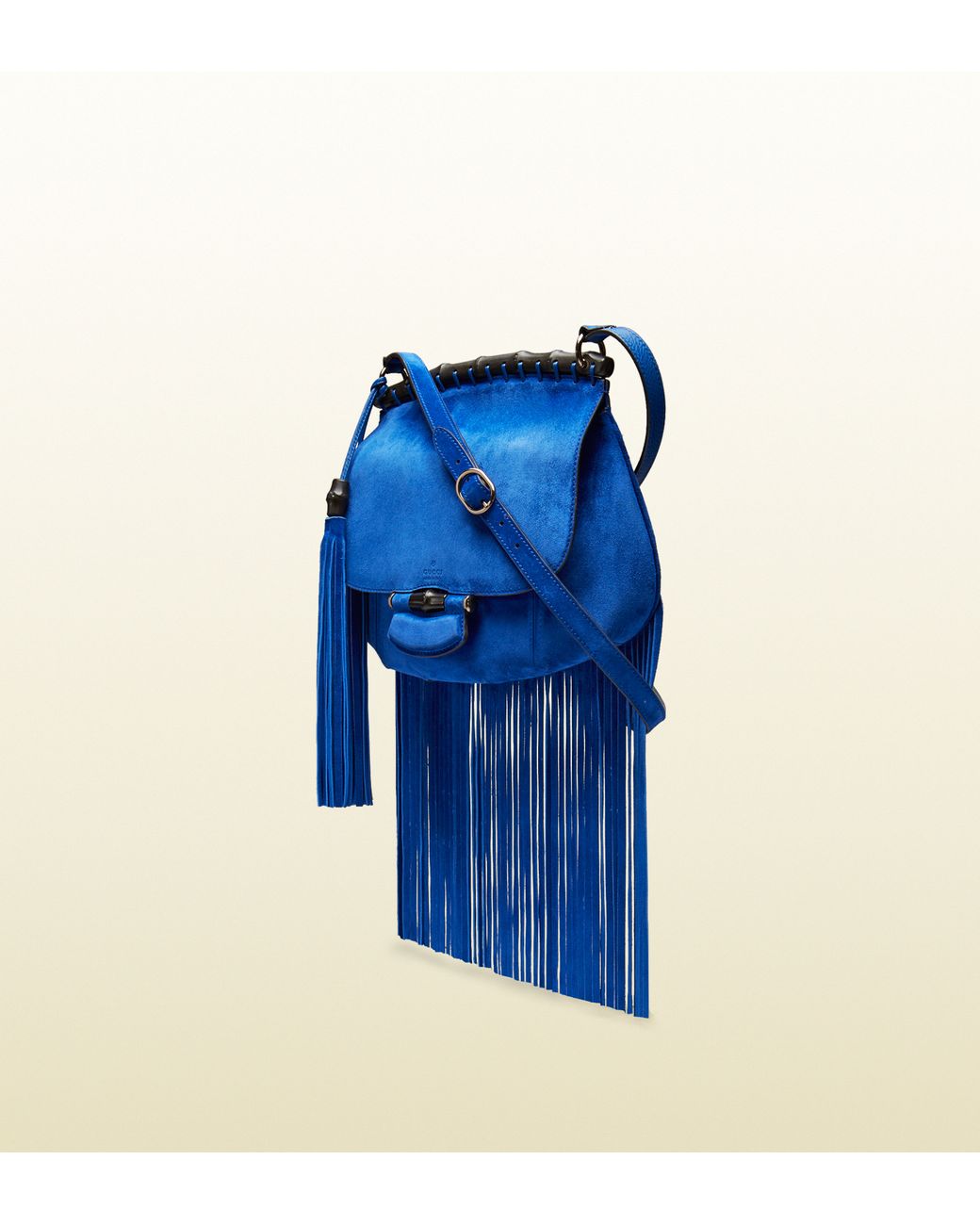 GUCCI royal blue suede FRINGE BAMBOO FLAP Shoulder Bag at 1stDibs