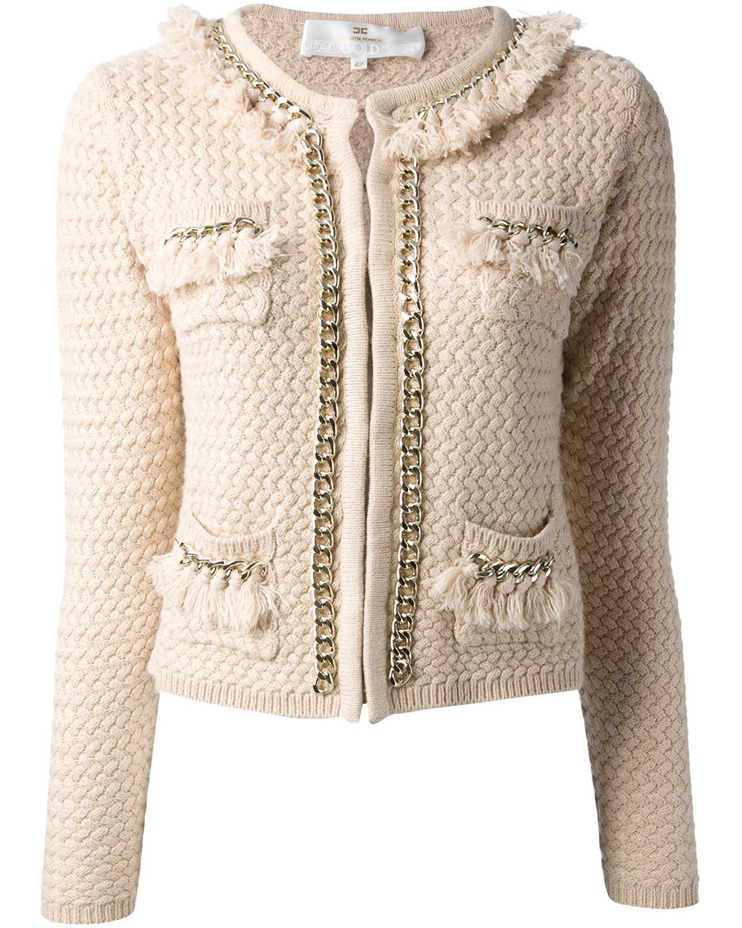 Elisabetta Franchi Chain Trim Knit Jacket in Natural | Lyst
