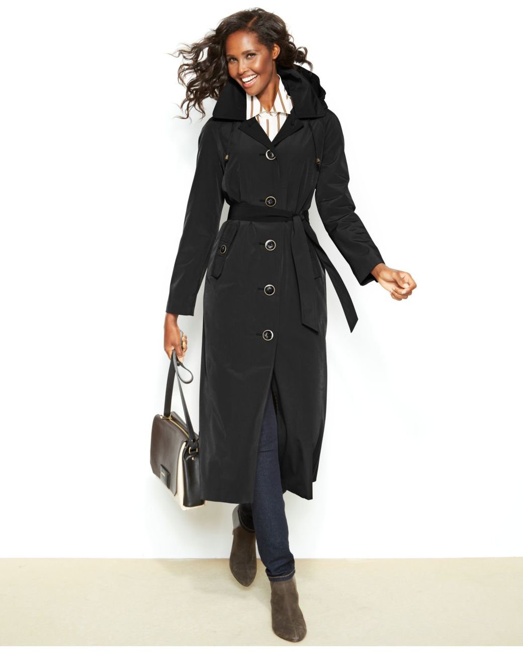 London Fog Petite Hooded Single-Breasted Maxi Trench Coat in Black | Lyst