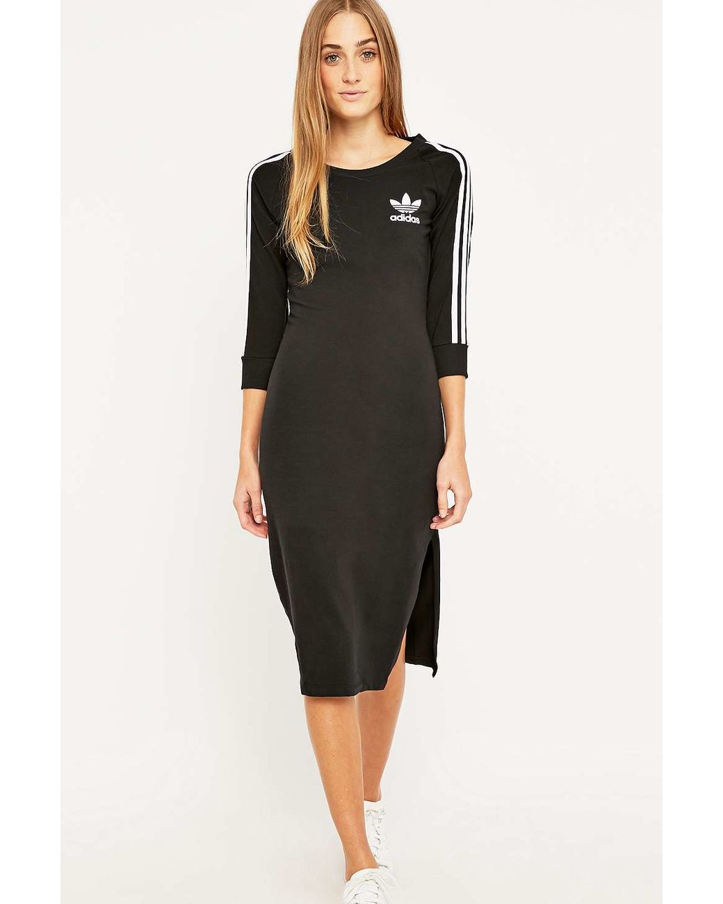 adidas Originals Three Stripe Black Midi Dress | Lyst UK