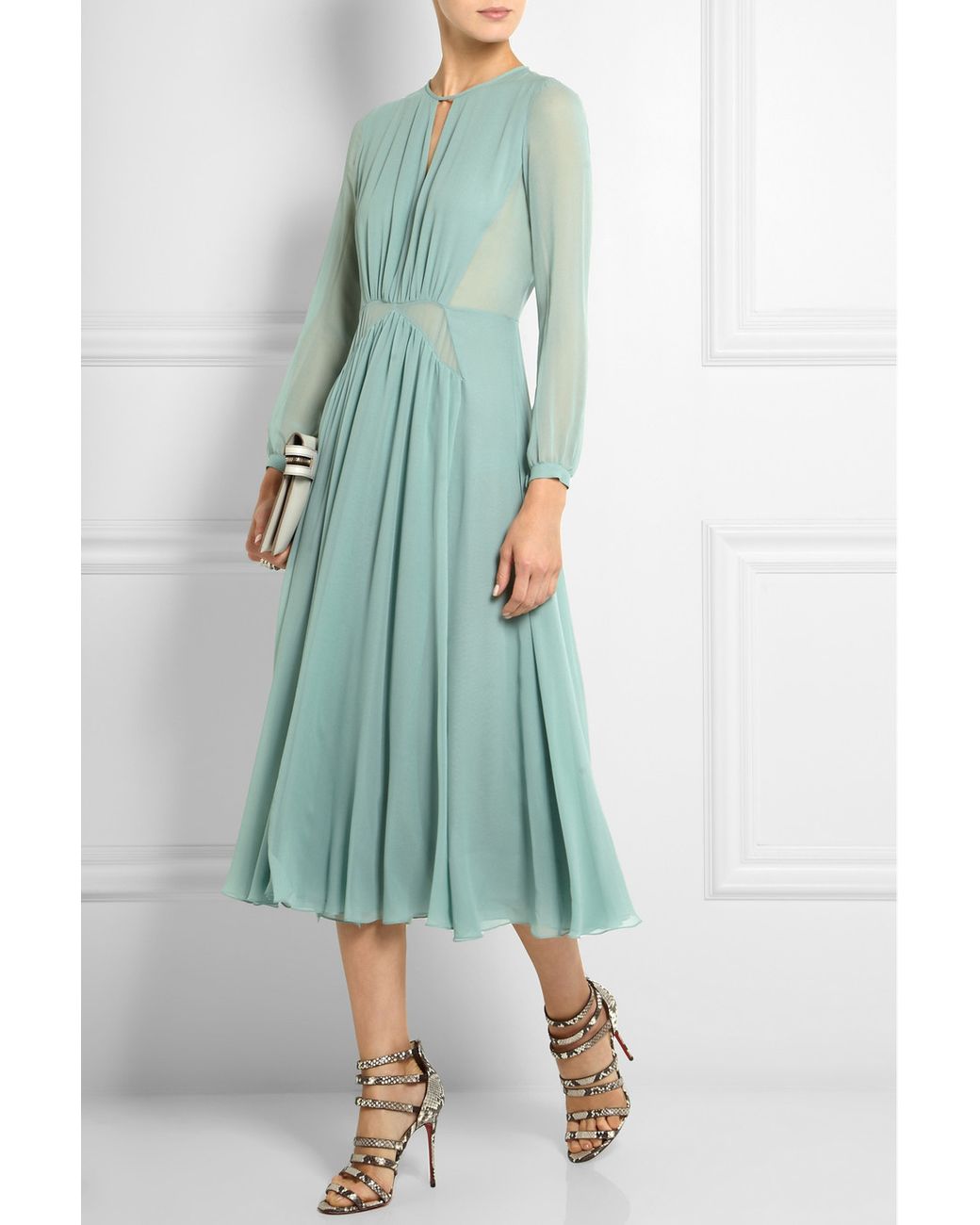 Burberry Prorsum Silk Chiffon Midi Dress in Green | Lyst