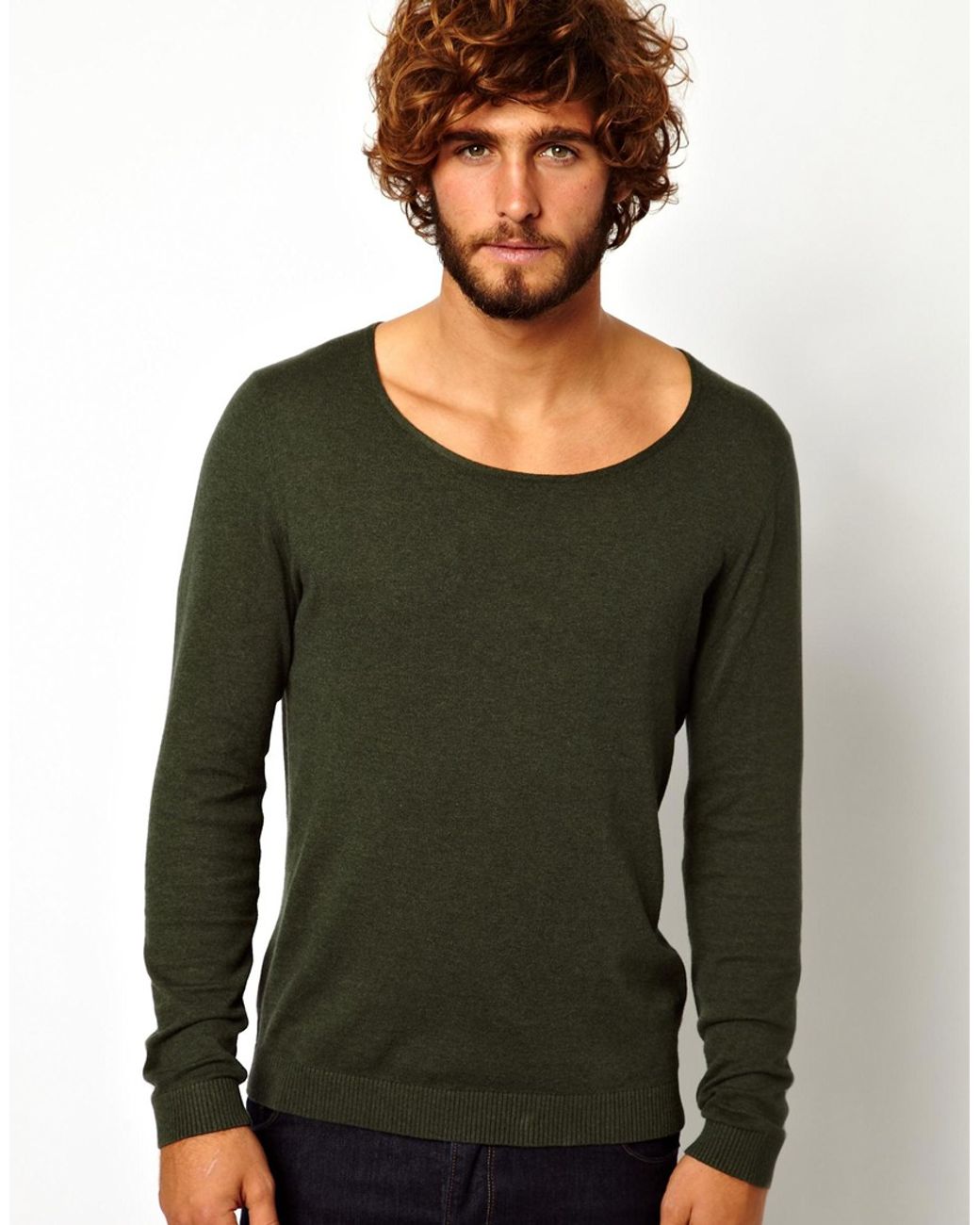 ASOS Scoop Neck Sweater In Cotton in Green for Men | Lyst
