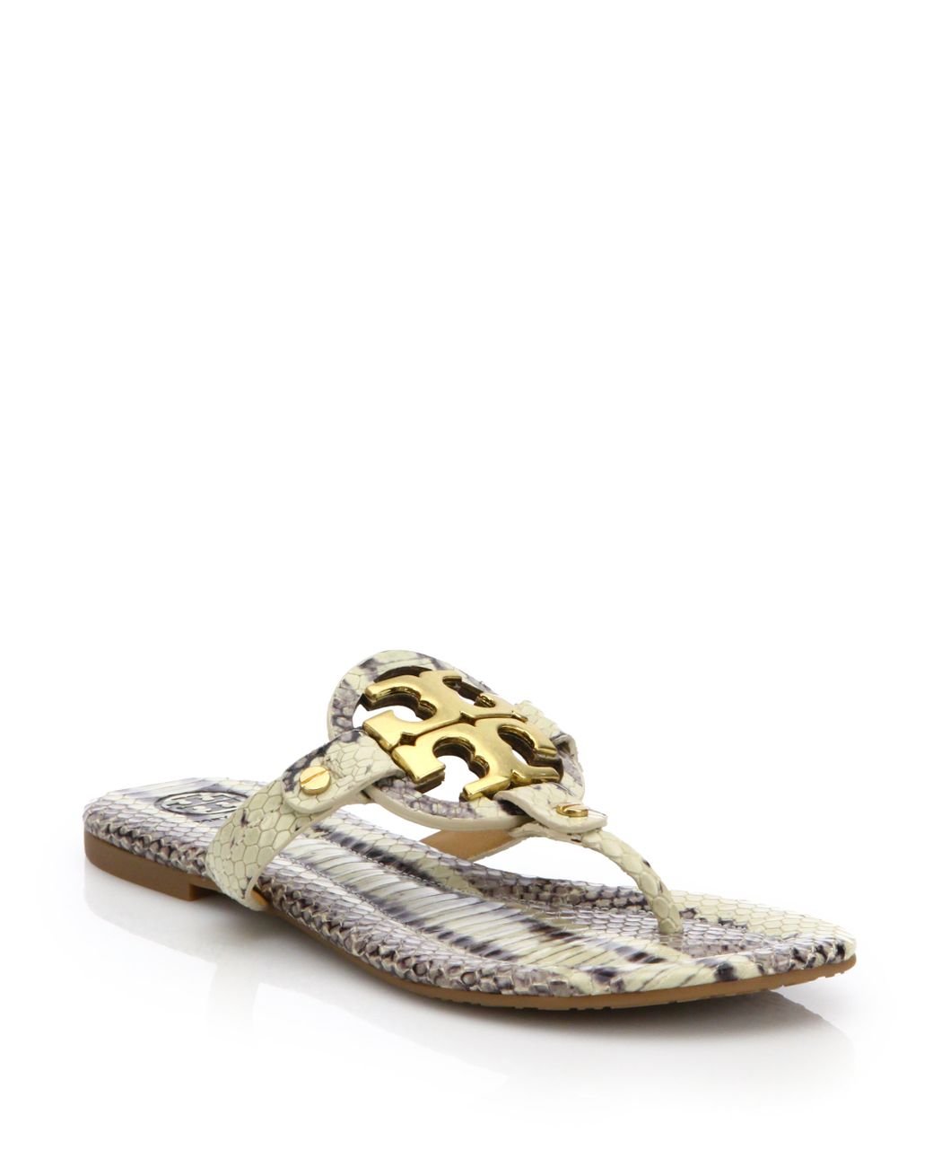 Tory Burch Miller Snake-embossed Leather Logo Thong Sandals | Lyst
