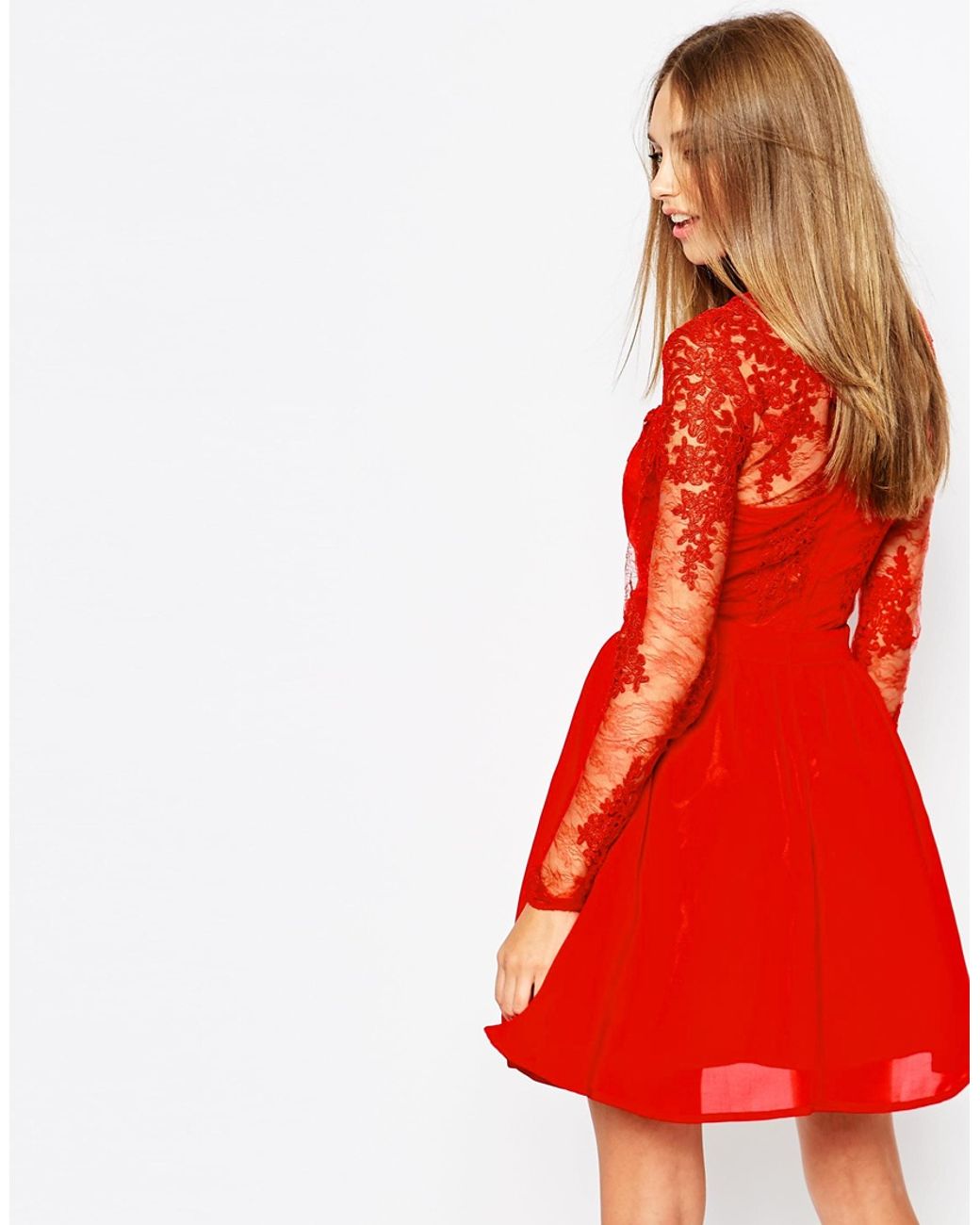 Missguided Premium Lace Long Sleeve Skater Dress in Red | Lyst