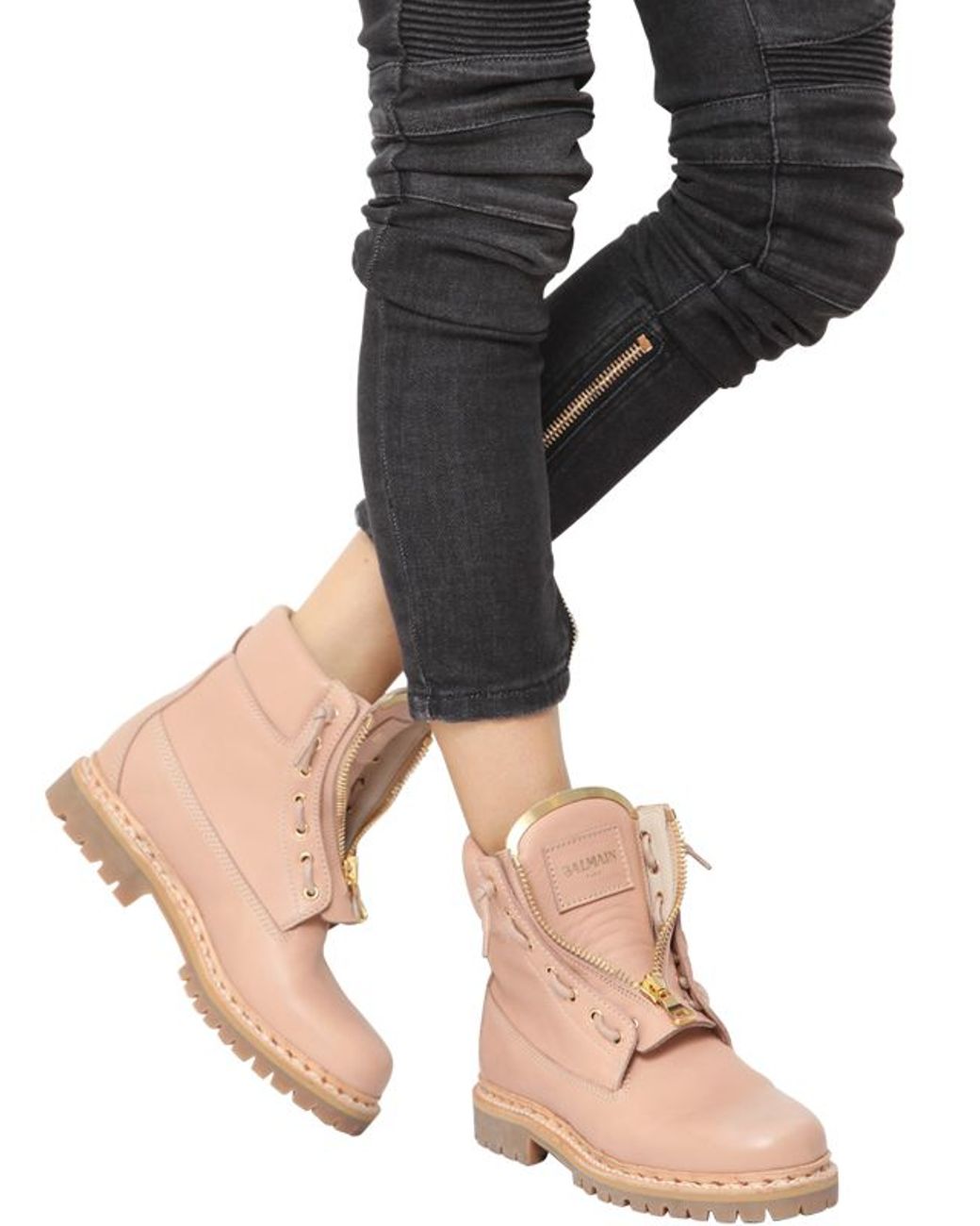 Balmain Taiga Leather Military Boots in Pink | Lyst