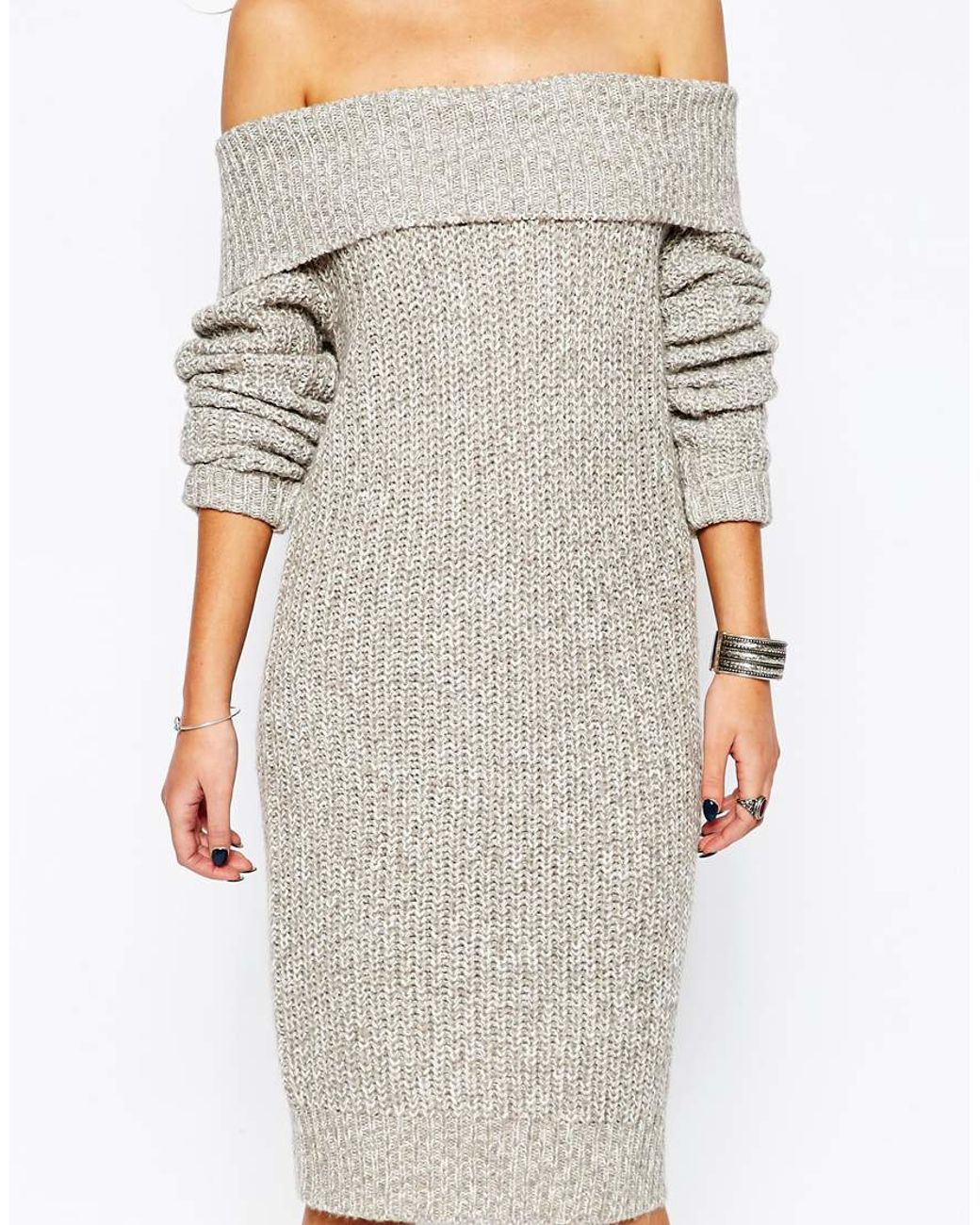 Off Shoulder Sweater Dress in Grey 