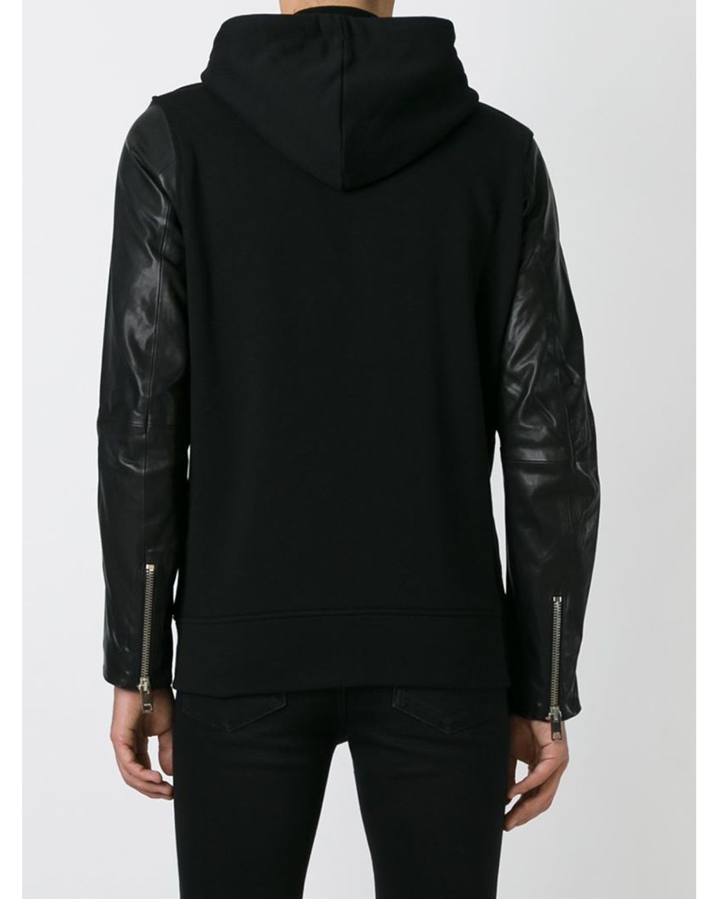 DIESEL Leather Sleeve Zipped Hoodie in Black for Men | Lyst