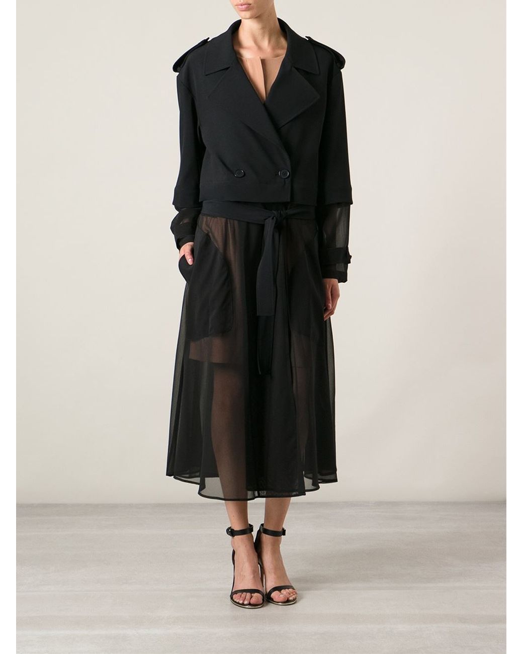 DKNY Sheer Long Trench Coat in Black | Lyst