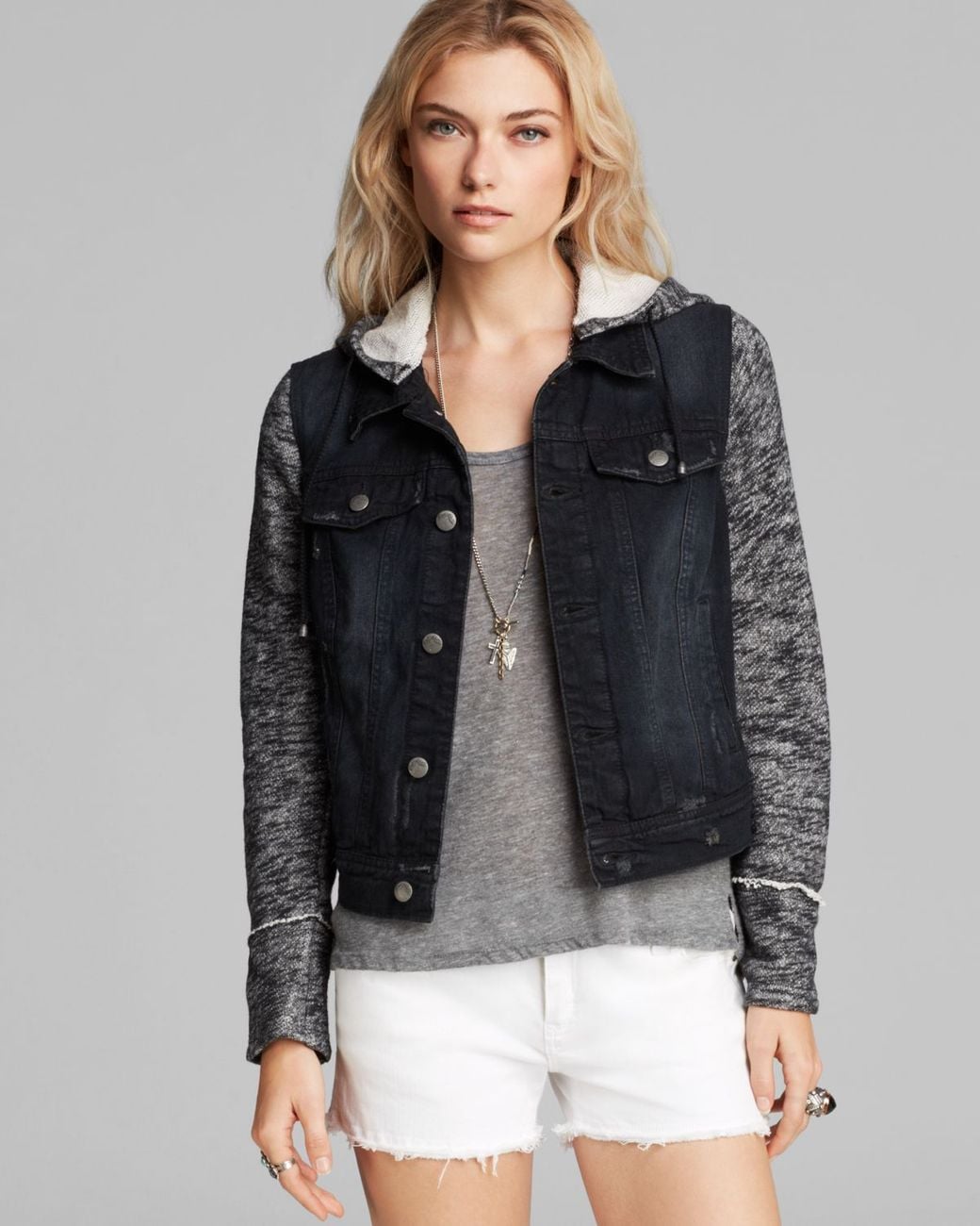 Denim And Knit Hooded Jacket in Black 