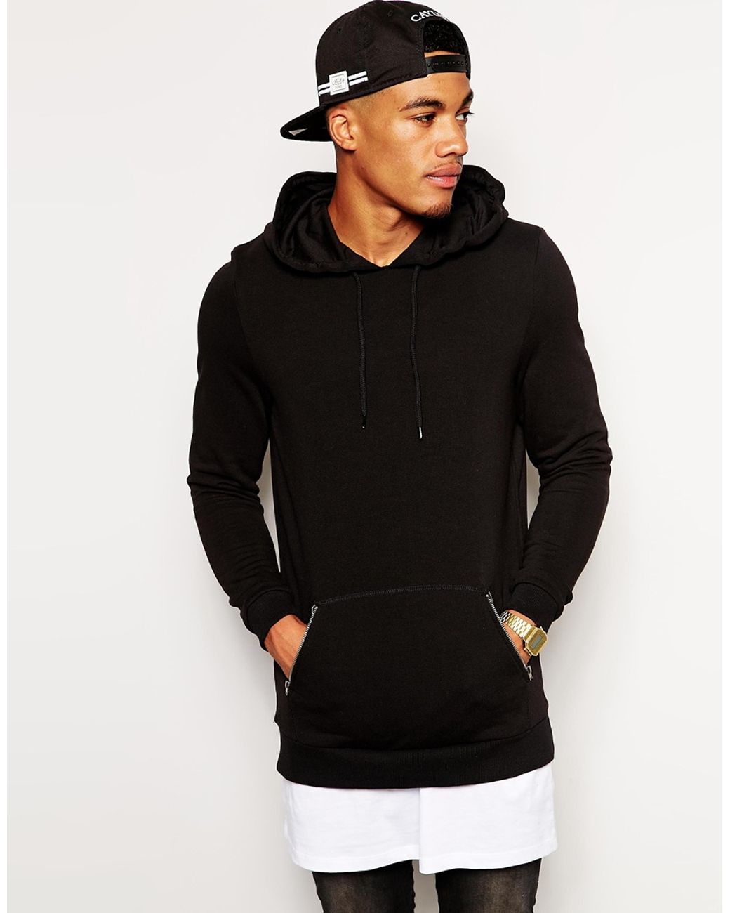 ASOS Longline Hoodie With Zip Pockets in Black for Men Lyst