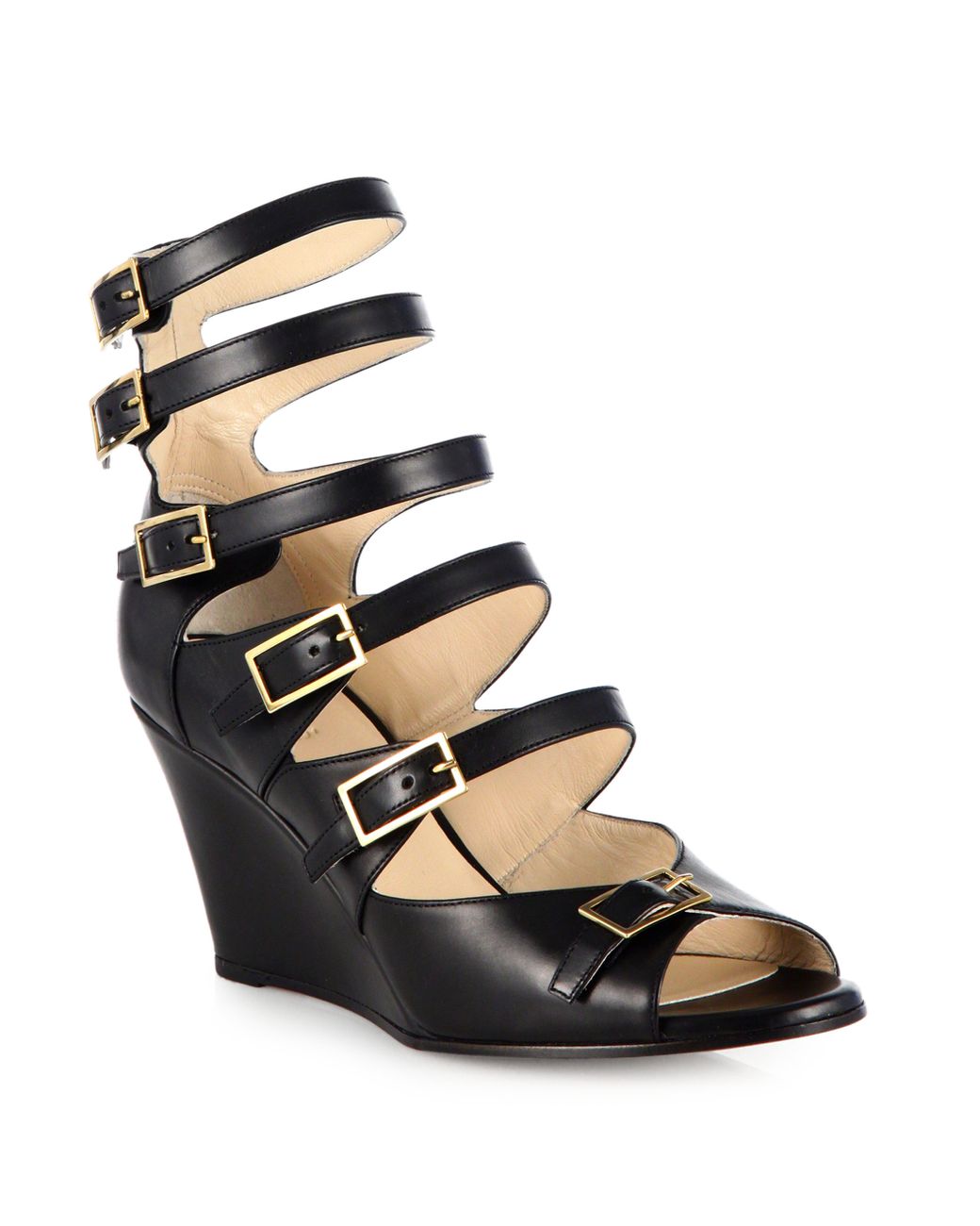 Chloé Strappy Leather Wedge Sandals in Black | Lyst