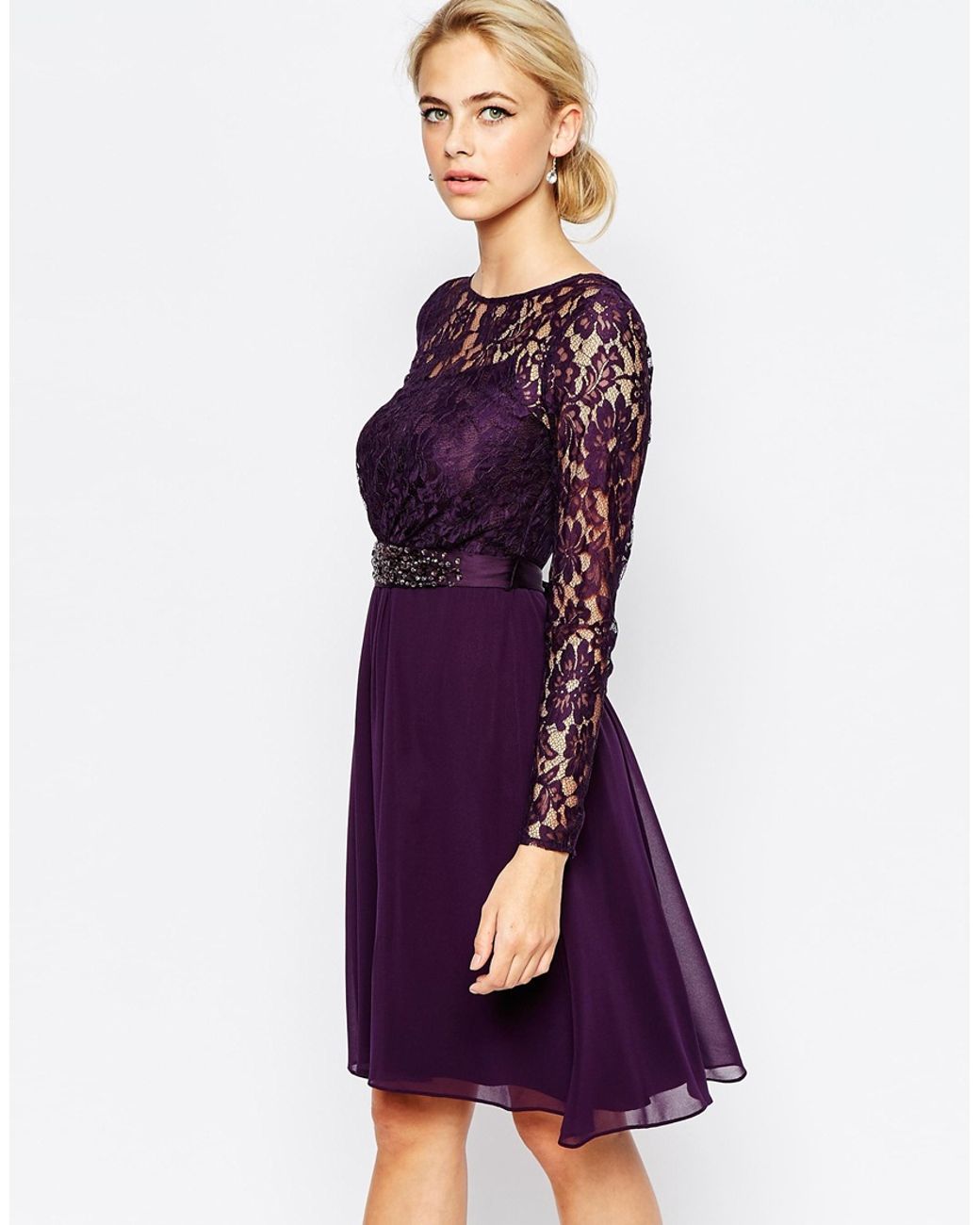 Coast Lori Lee Lace Sleeved Short Dress in Purple | Lyst