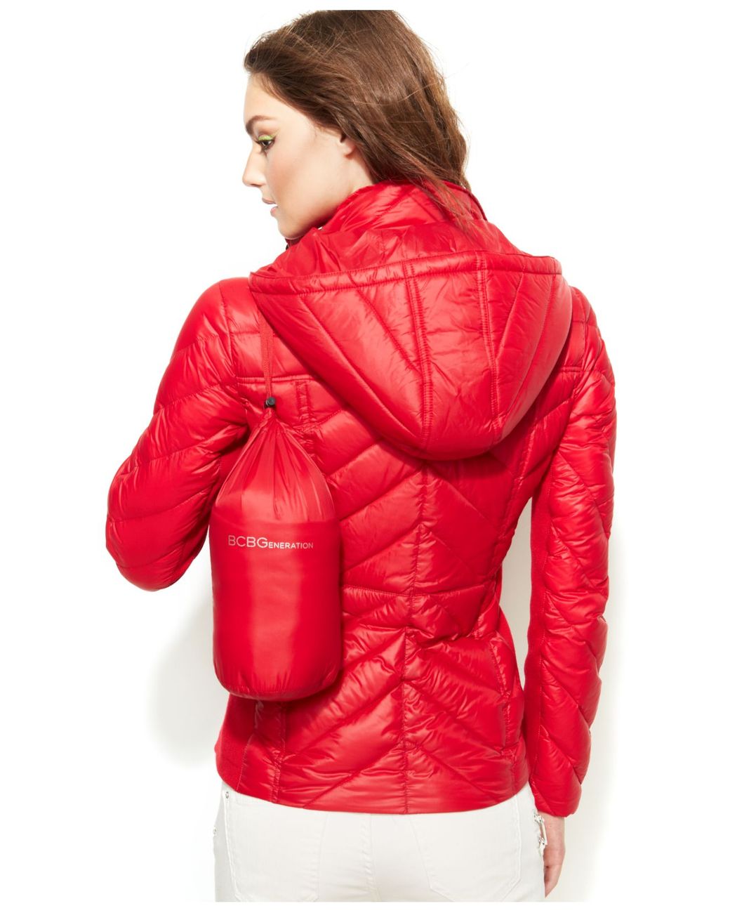 BCBGeneration Packable Chevron-Quilted Down Puffer Jacket in Red/Black ...