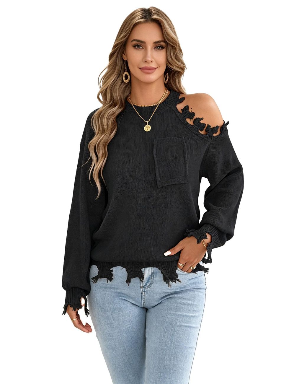 KoJooin Black Pullover Damen Oversize Off-Shoulder Strickpullover Langarm Rundhals Look Und Kuschelweichem Material
