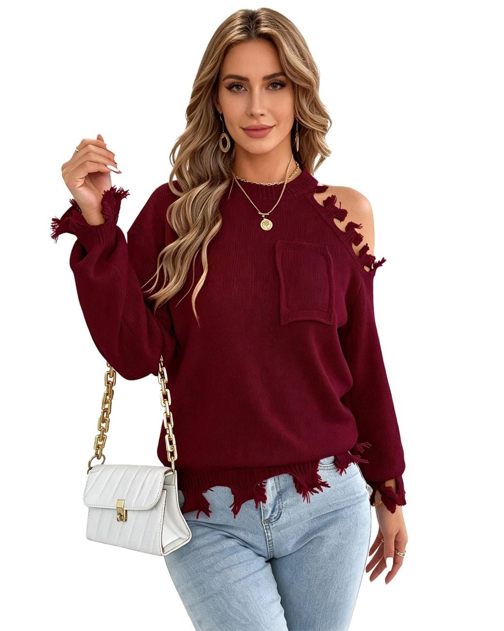 KoJooin Red Pullover Damen Oversize Off-Shoulder Strickpullover Langarm Rundhals Look Und Kuschelweichem Material