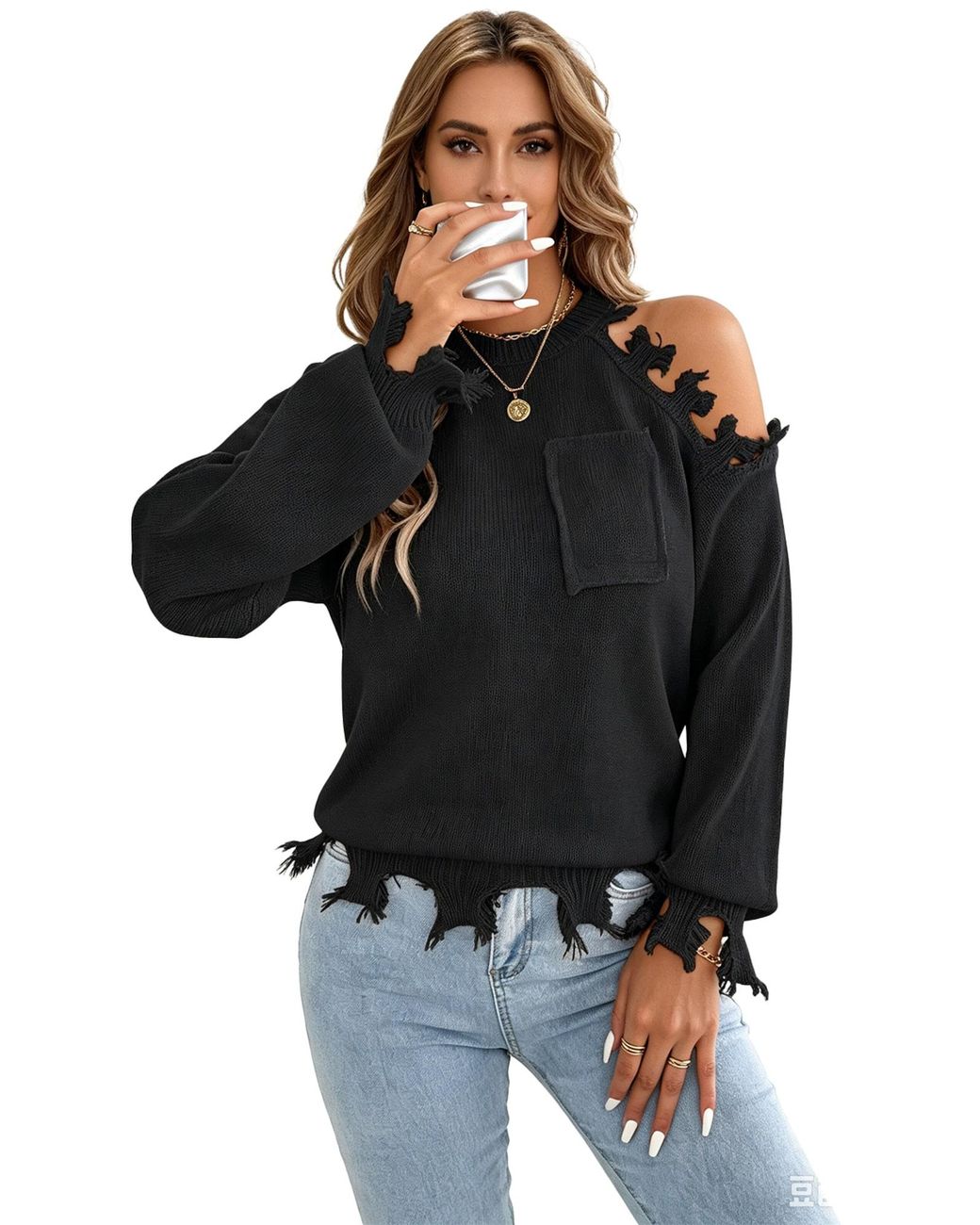 KoJooin Black Pullover Damen Oversize Off-Shoulder Strickpullover Langarm Rundhals Look Und Kuschelweichem Material