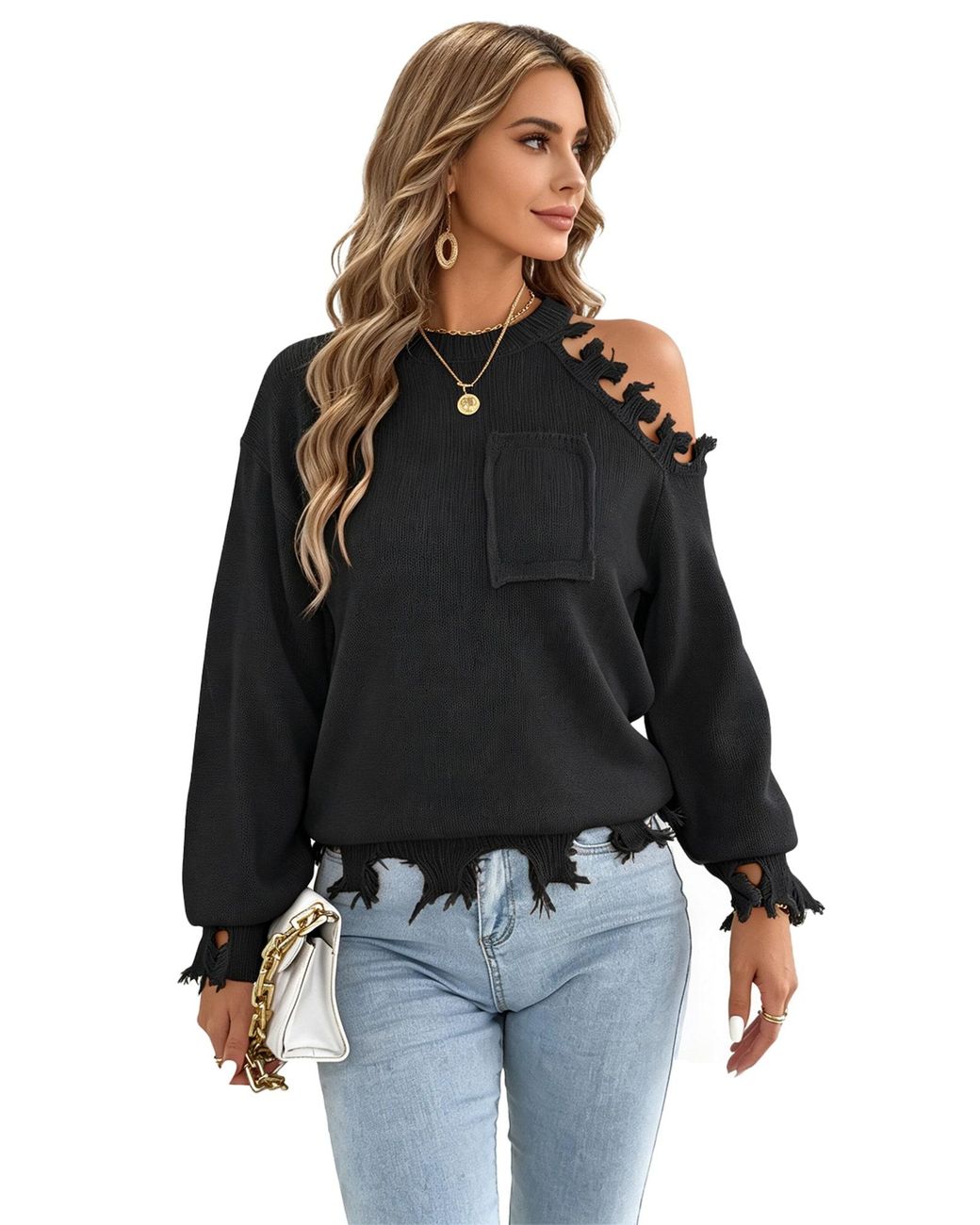 KoJooin Black Pullover Damen Oversize Off-Shoulder Strickpullover Langarm Rundhals Look Und Kuschelweichem Material
