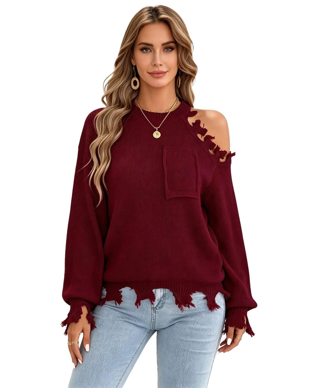 KoJooin Red Pullover Damen Oversize Off-Shoulder Strickpullover Langarm Rundhals Look Und Kuschelweichem Material