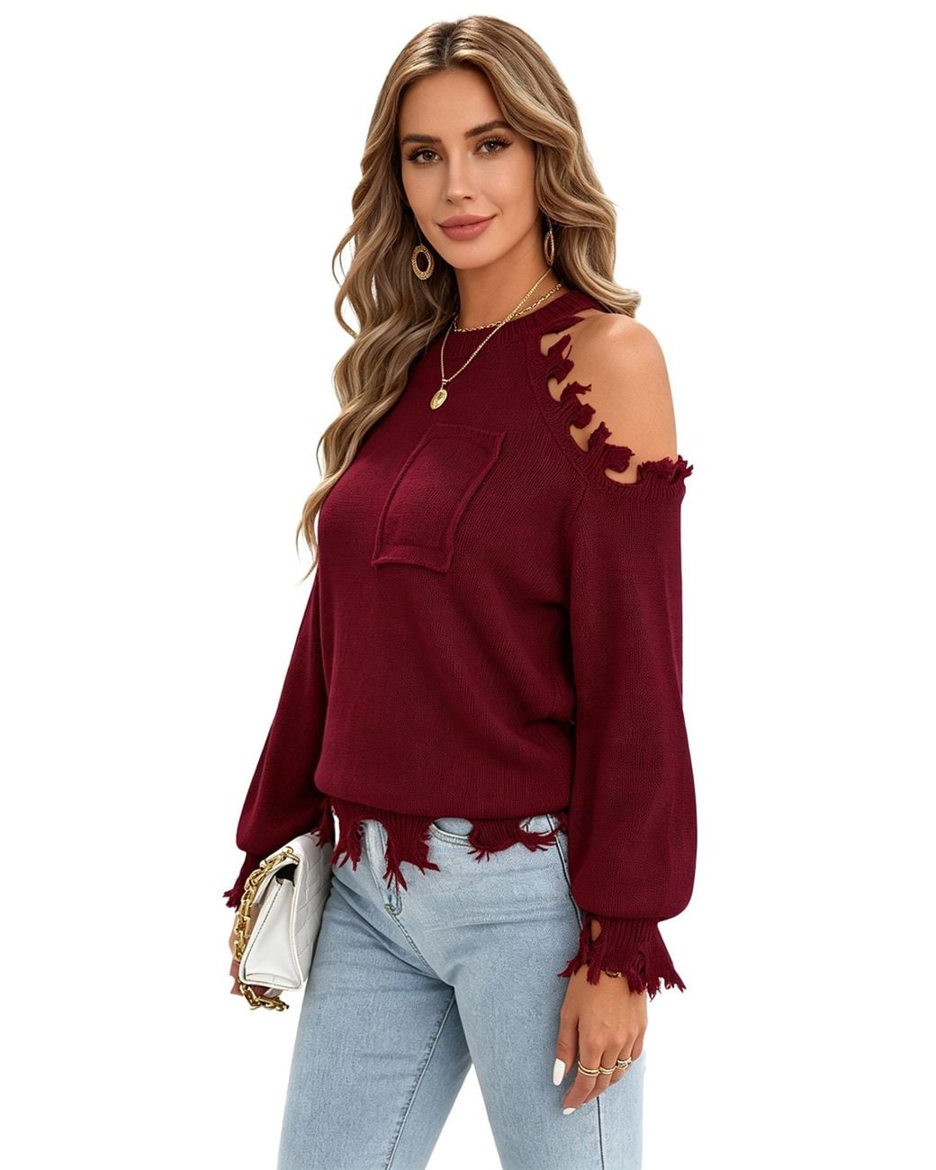 KoJooin Red Pullover Damen Oversize Off-Shoulder Strickpullover Langarm Rundhals Look Und Kuschelweichem Material
