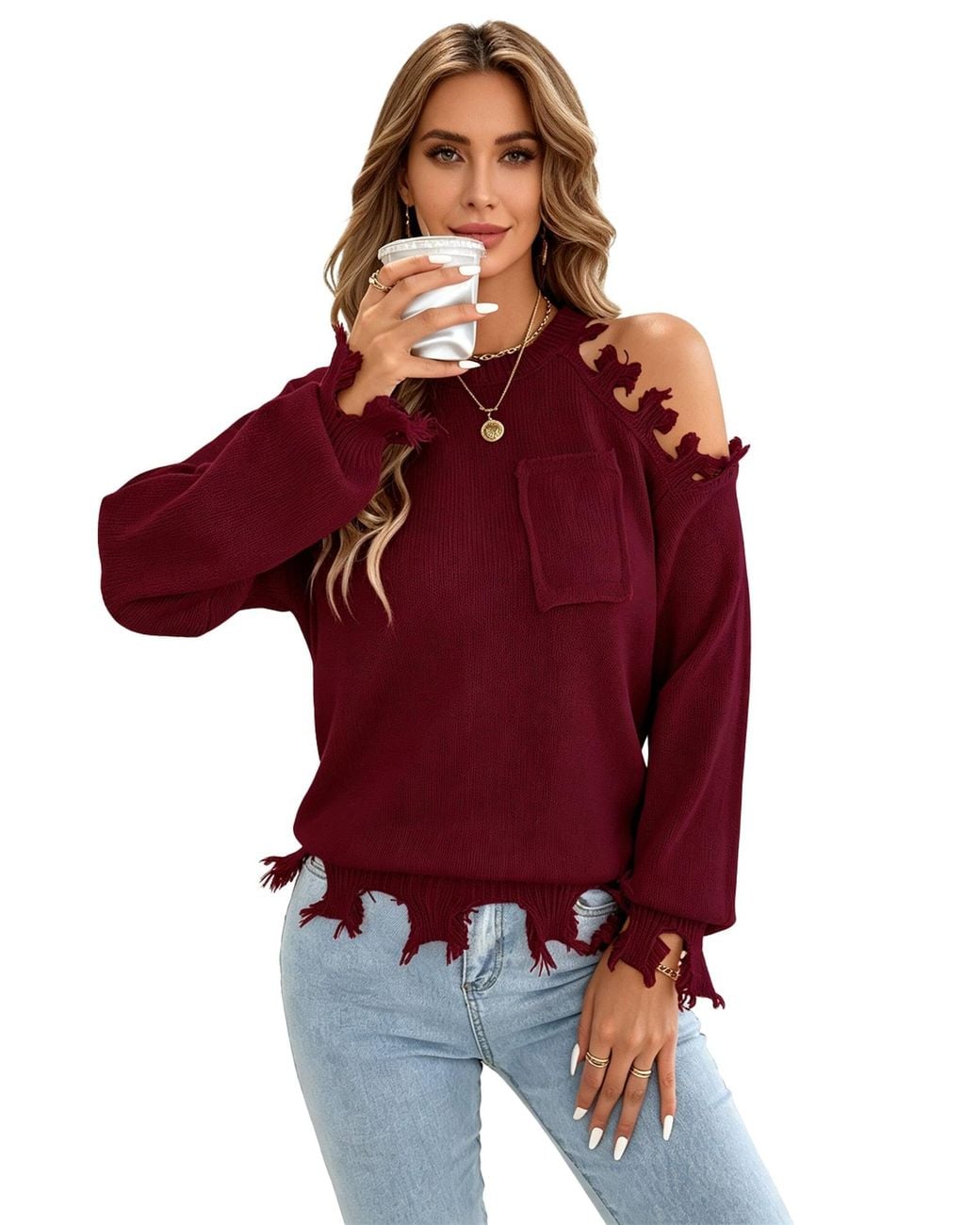 KoJooin Red Pullover Damen Oversize Off-Shoulder Strickpullover Langarm Rundhals Look Und Kuschelweichem Material