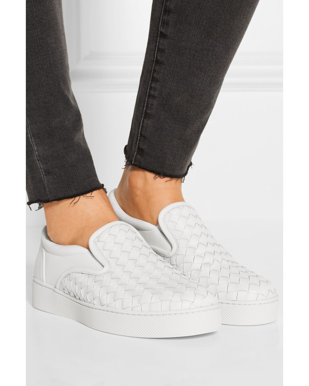 Bottega Intrecciato Leather Slip-on Sneakers White |