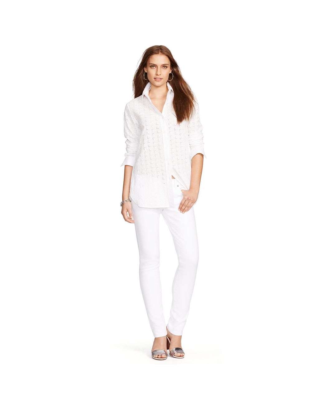 $145 Lauren Ralph Lauren Women's White Eyelet Cotton Shirt Size S