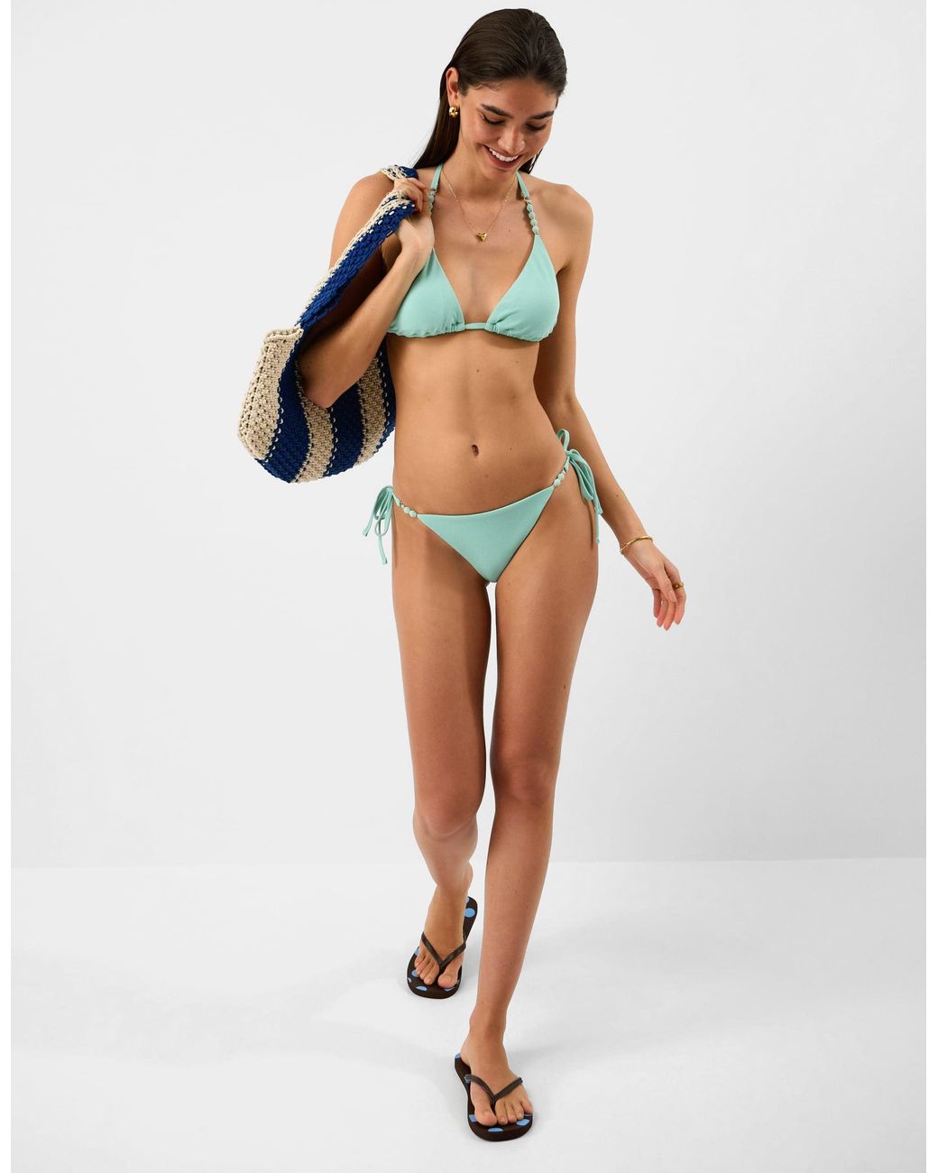 Accessorize Blue Bead Strap Textured Bikini Bottoms