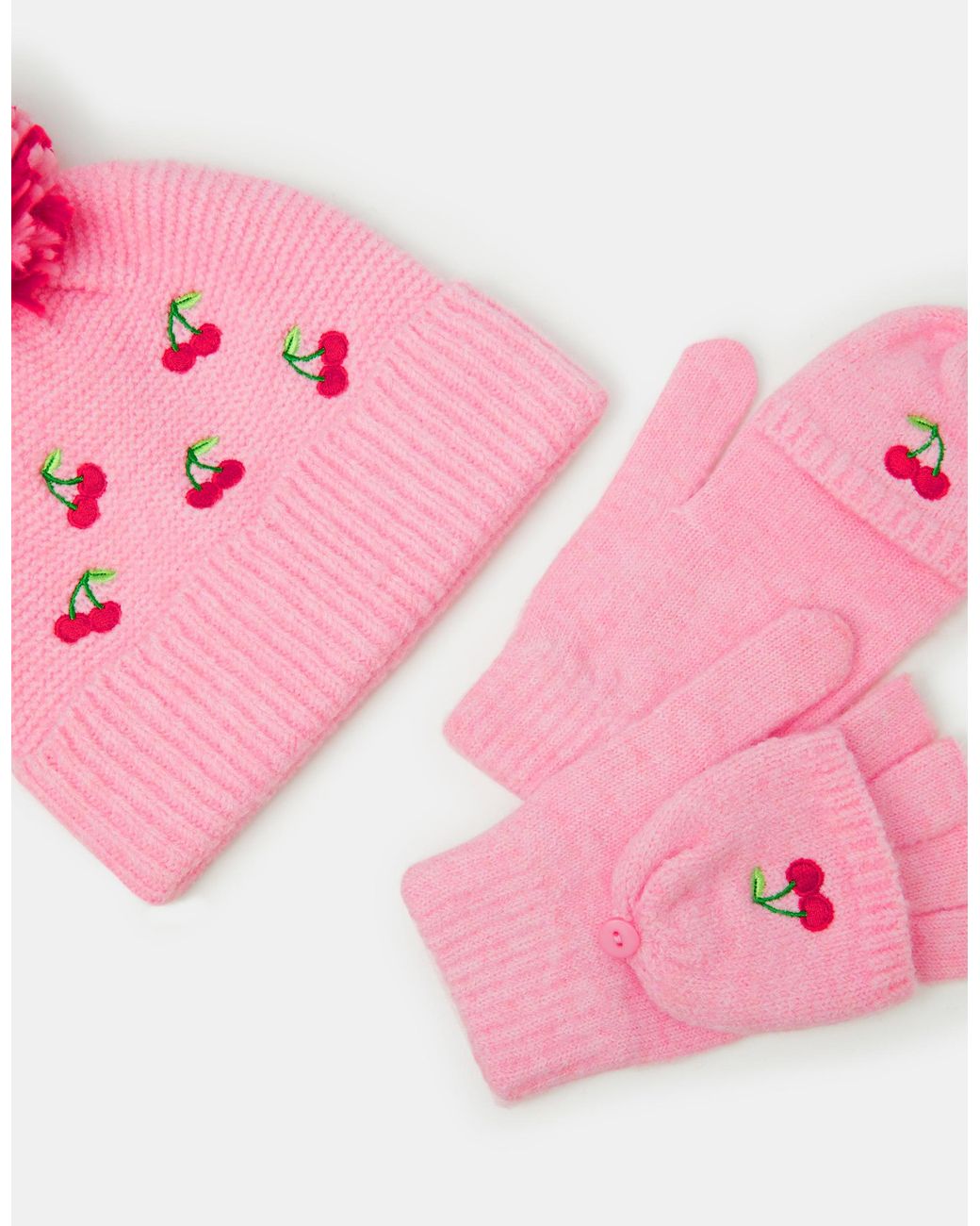 Accessorize Pink Cherry Bobble Hat & Gloves Set