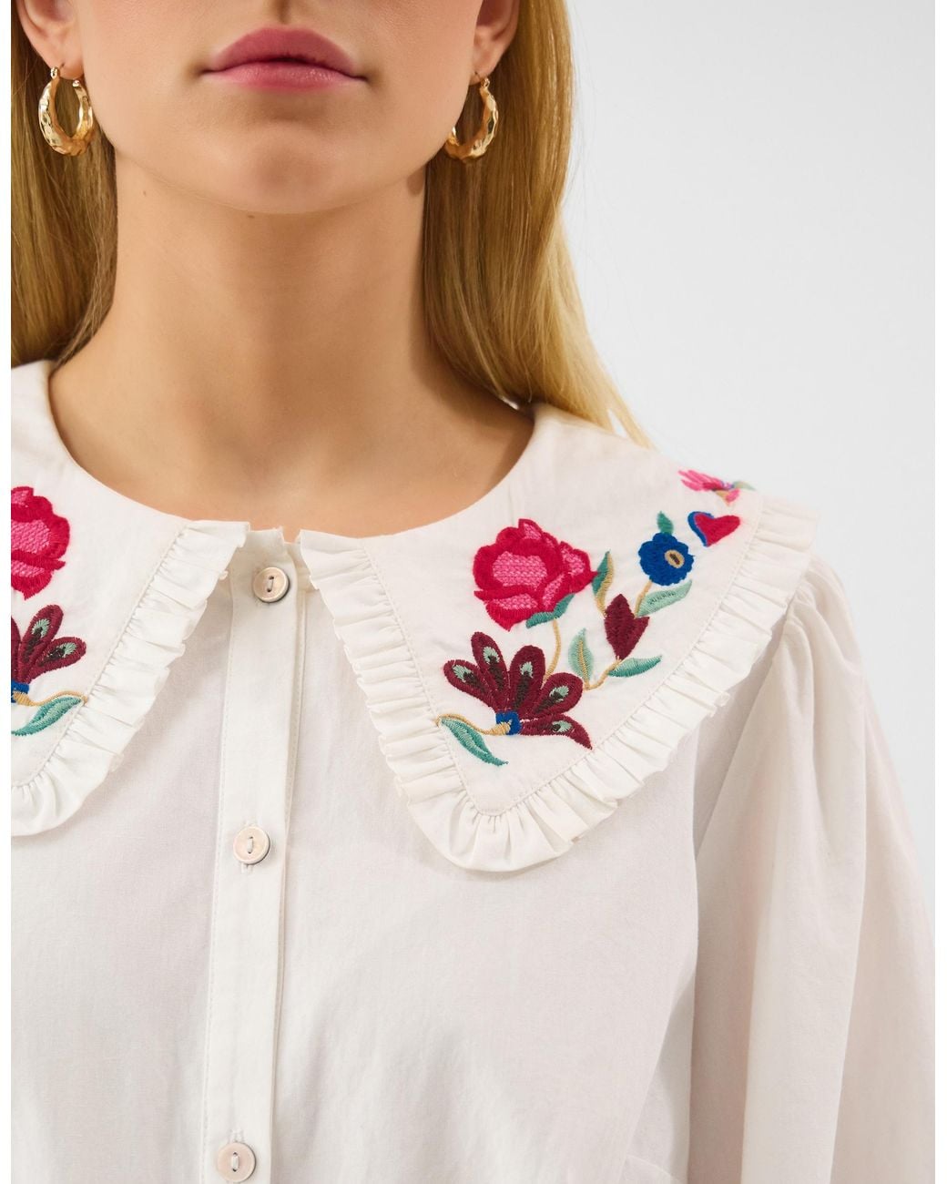 Accessorize Natural Cotton Floral Embroidered Collar Blouse Top