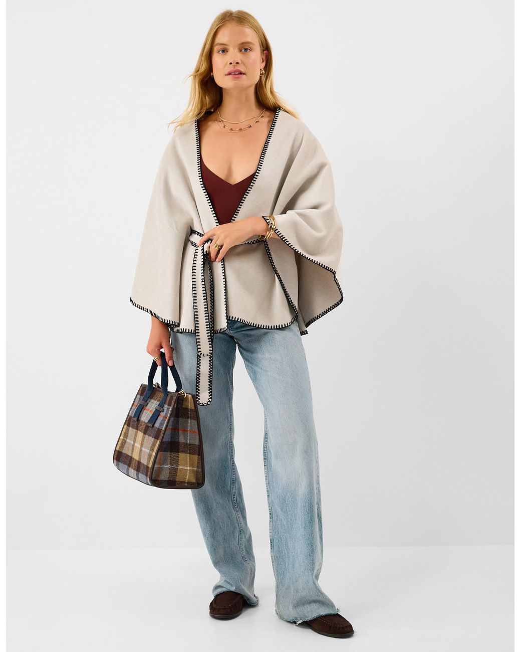 Accessorize Blue Contrast Trim Belted Poncho
