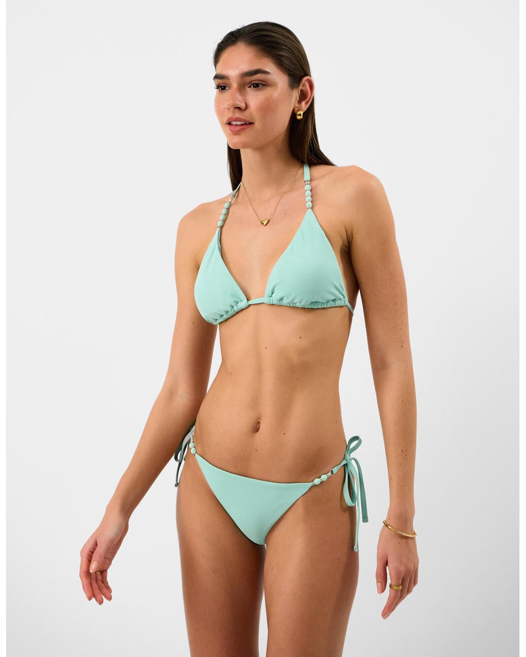 Accessorize Green Bead Strap Textured Bikini Top