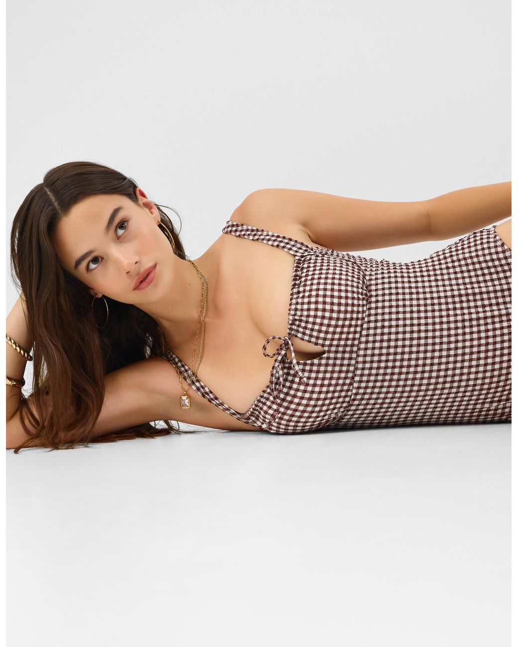Accessorize Brown Gingham Print Seersucker Swimsuit