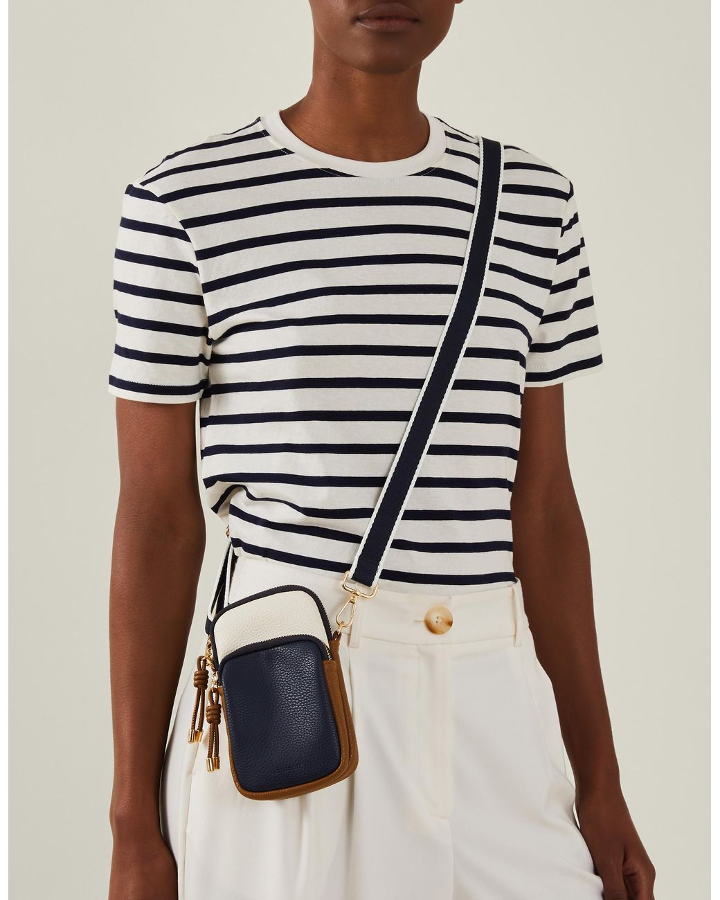 Accessorize Blue Cream Leather Webbing Strap Zip Phone Bag