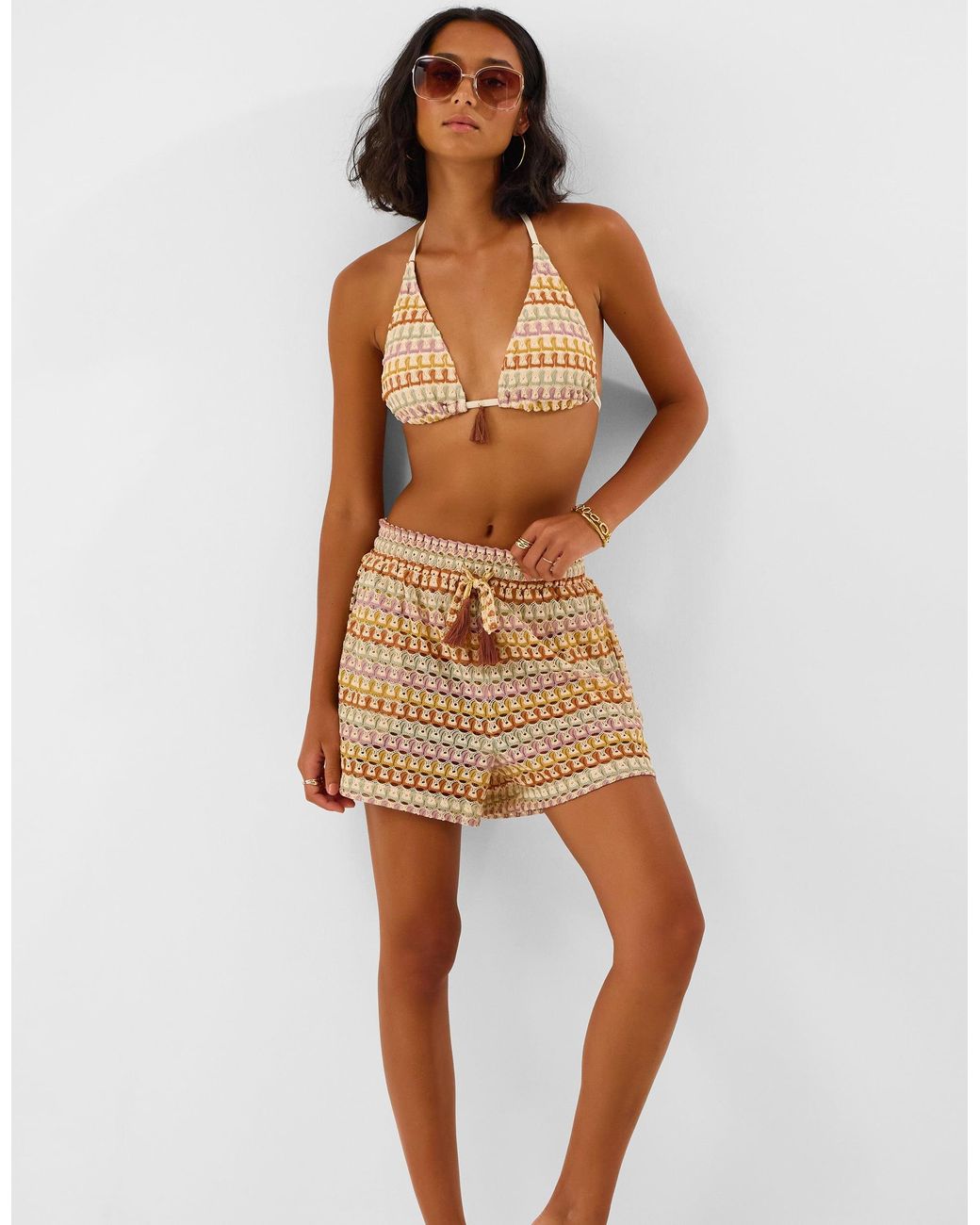 Accessorize Brown Crochet Tassel Triangle Bikini Top