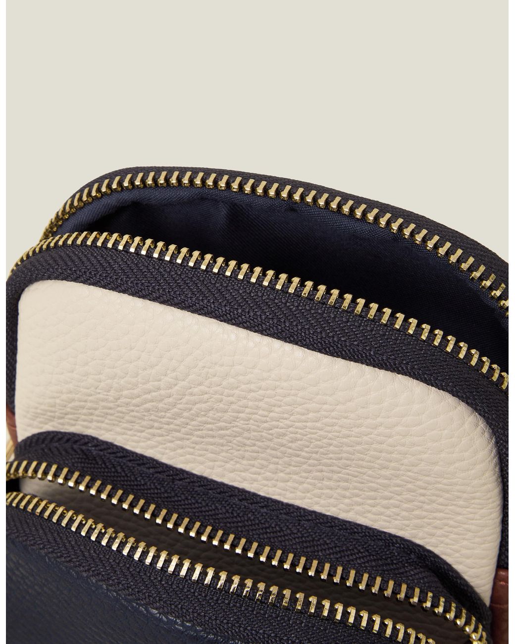 Accessorize Blue Cream Leather Webbing Strap Zip Phone Bag