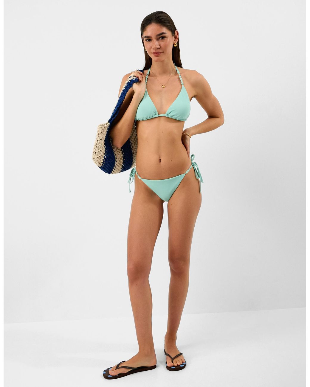 Accessorize Green Bead Strap Textured Bikini Top